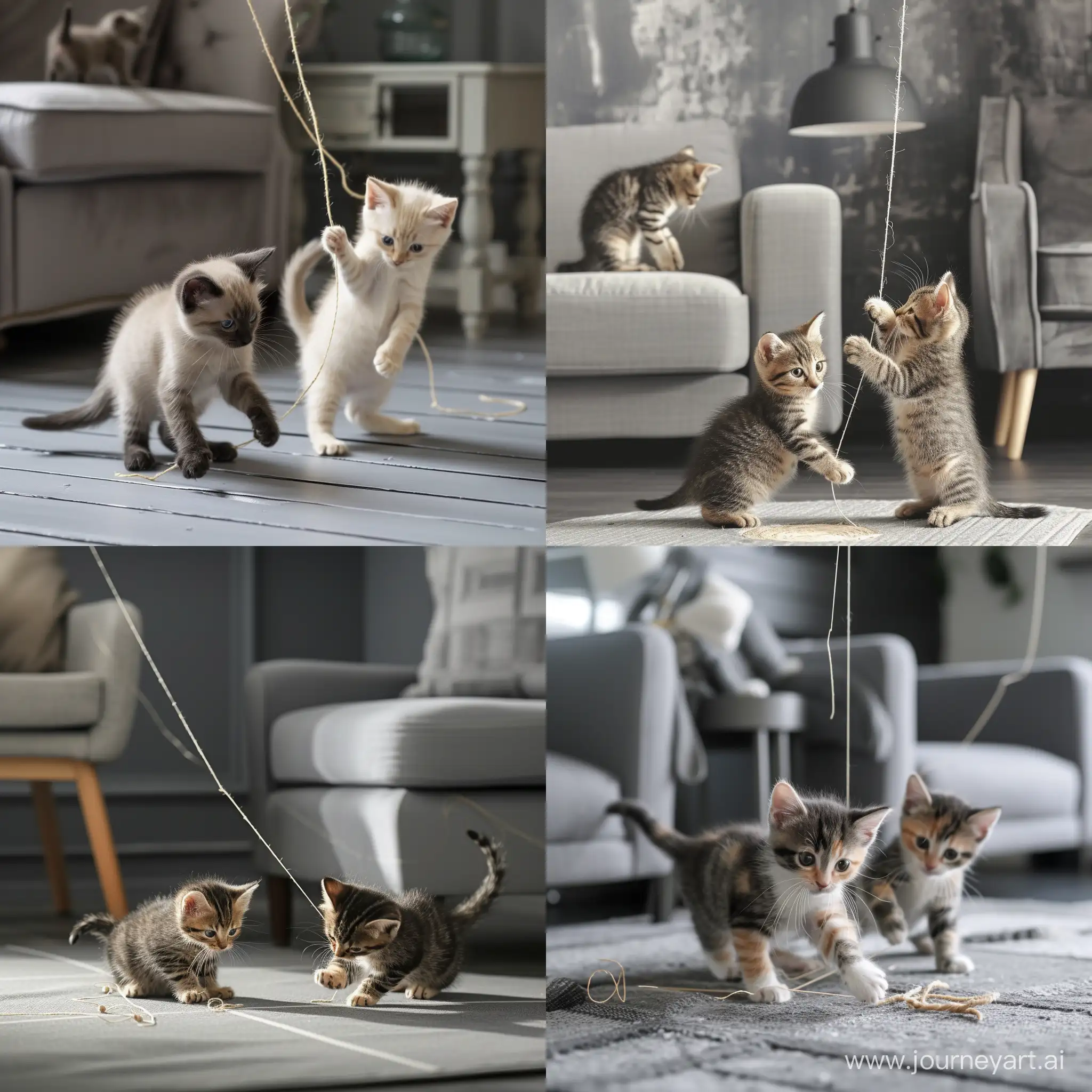 Adorable-Kittens-Engaging-in-Playful-Activities-with-String-in-a-Stylish-Greythemed-Interior