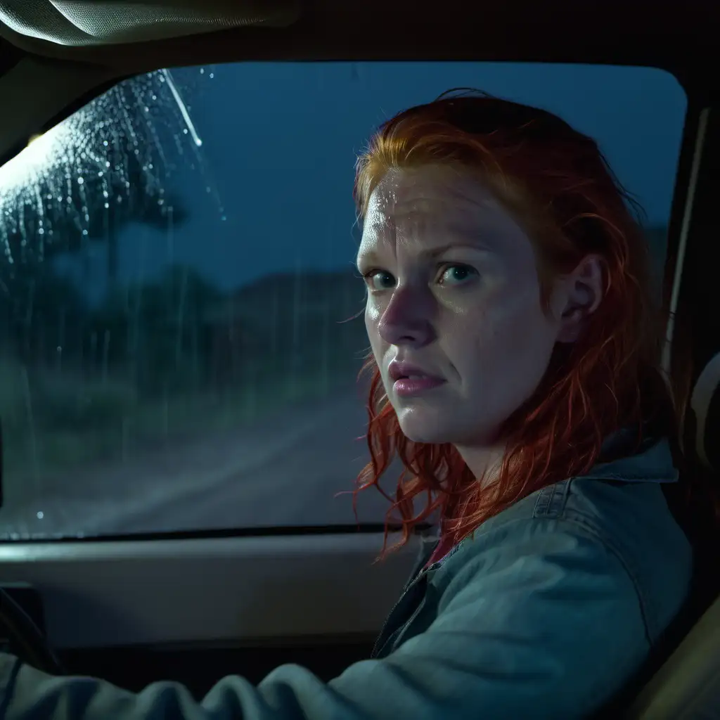 Wide shot cinematic. Desert, night time, heavy rainstorm, front seat of a F-150 Ford truck. We see a pretty red headed 30 years old, Scandinavian woman with a cleft chin, and a worried look on her face. We are looking through the windshield at her as she drives both hands on the steering wheel. Rain is on the windshield.