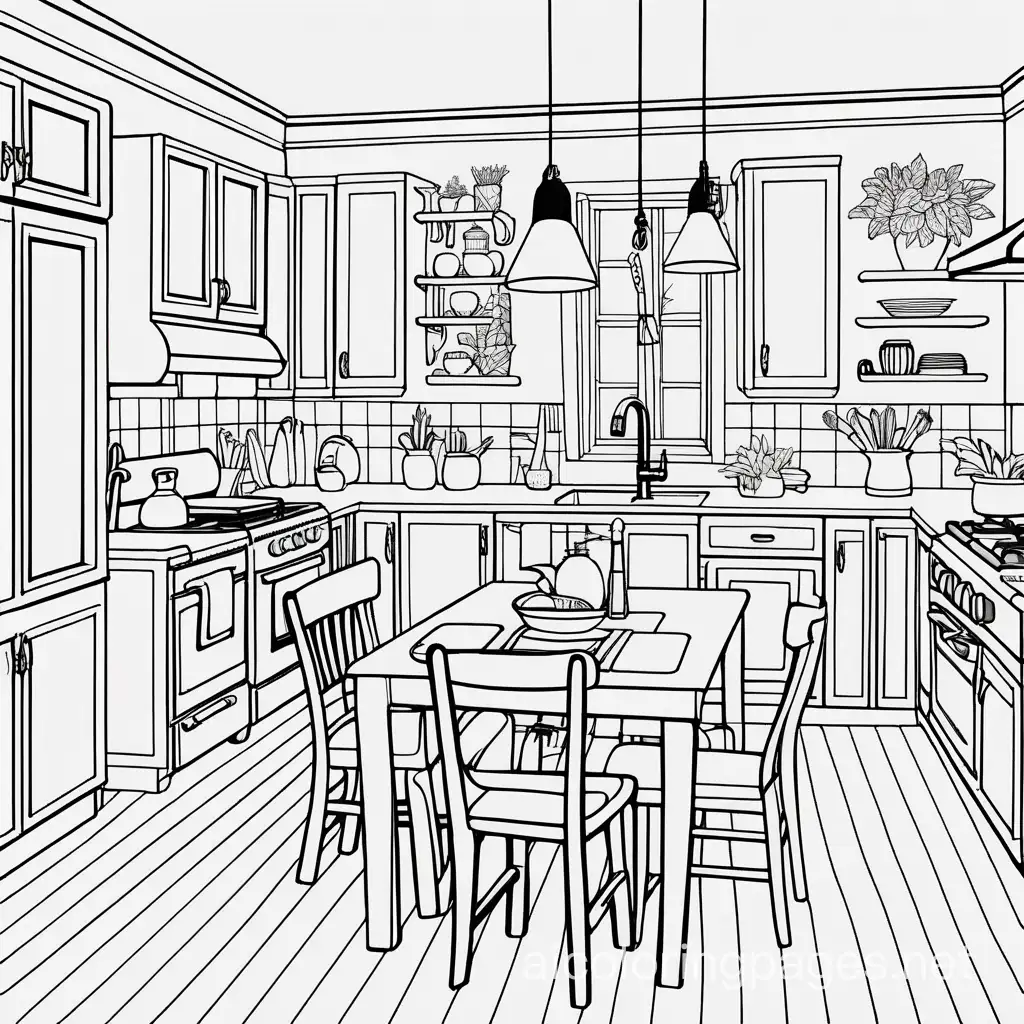 home interior design kitchen dining room, scandanavian, detailed, straight lines 
aesthetic homey comfy boho girly cute cozy, Coloring Page, black and white, line art, white background, Simplicity, Ample White Space.
, Coloring Page, black and white, line art, white background, Simplicity, Ample White Space. The background of the coloring page is plain white to make it easy for young children to color within the lines. The outlines of all the subjects are easy to distinguish, making it simple for kids to color without too much difficulty