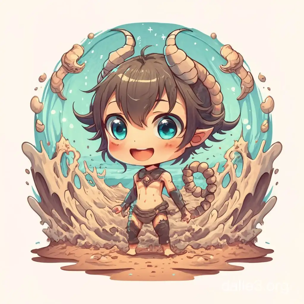  A chibi zodiac Scorpio character with big eyes and a cute smile,  with waves of sand splashes background, Scorpio symbol,fully colored, no shading