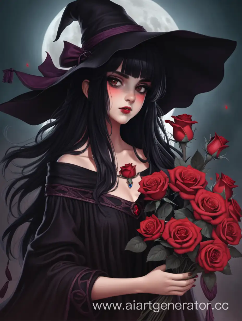 Темноволосая девушка ведьма держит цветы роз 