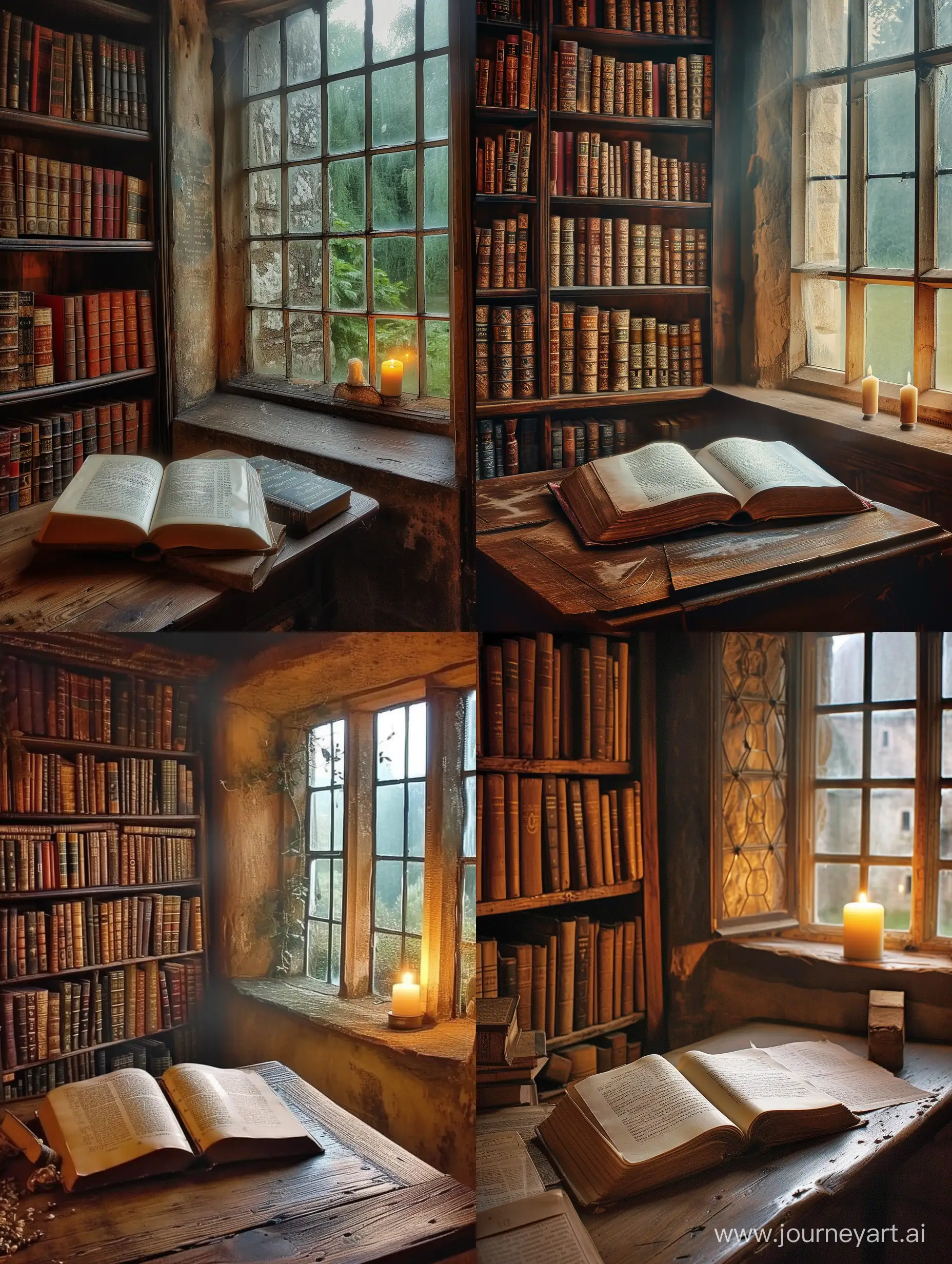 a very dreamlike image. an old and open English book on a table in a very beautiful and nearly poor room with a lightfull window with candle on the window and a library full of books. i want just one photo. very very too clear photo not fuzzy. window on the right of the image. a very dreamy room.