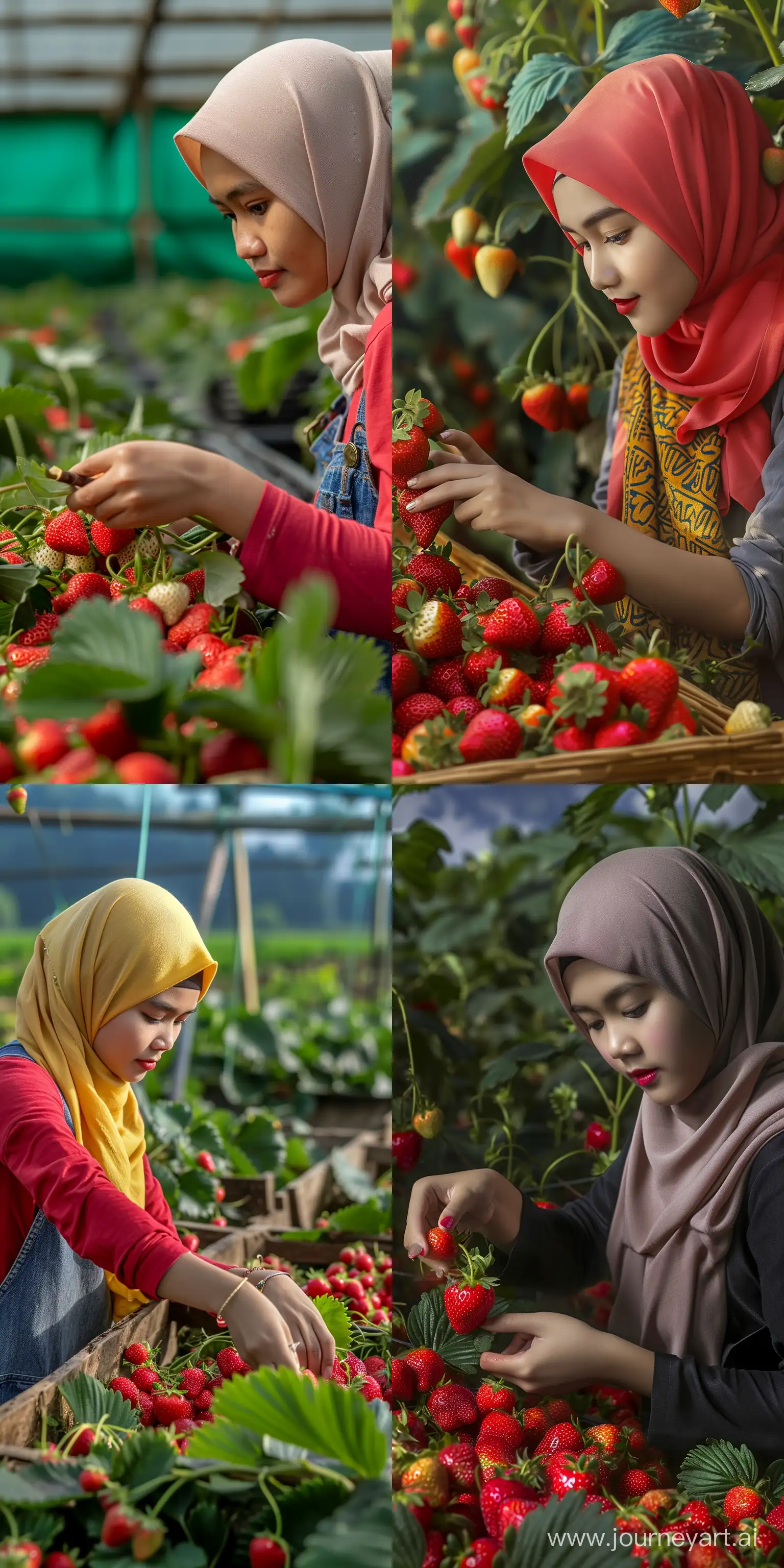 A young Indonesian muslim woman, 19 years old, picking strawberries in a detailed rural setting, realistic style with vibrant colors, close-up shot capturing the intricate details of the fruit, taken with a high-resolution camera, DSLR, 4K, HD quality.  --ar 1:2