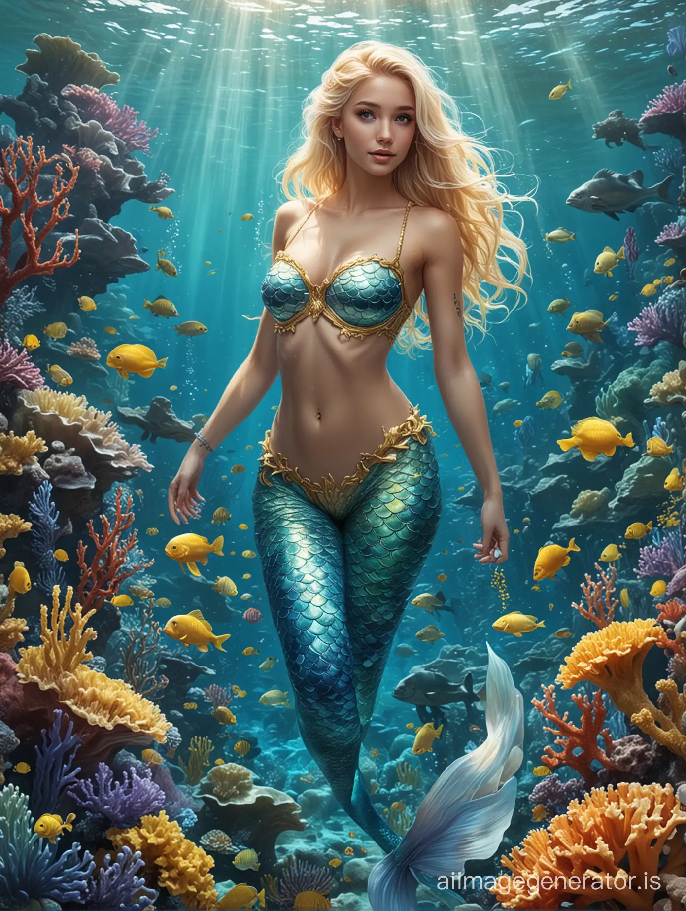 A mermaid with light skin, blonde hair, and an yellow tail with veins of blue , her crop bustier was cyan colored and she is swimming under the ocean alongside colorful Seahorses and corals.