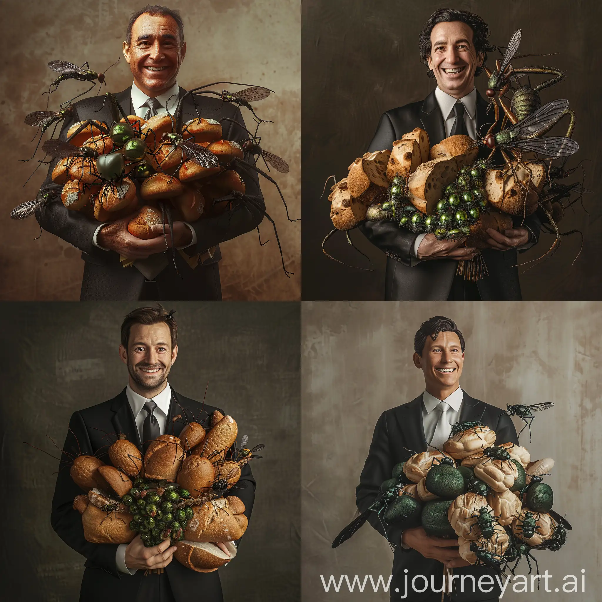 A smiling man in an impeccably tailored black business suit, crisp white dress shirt, and silk necktie. He is holding an unusual bouquet made of fresh baked bread loaves interwoven with clusters of dung flies, their iridescent green bodies glistening in the light. Nestled among the bread are also several large crickets perched nonchalantly, Photorealistic render, 8K resolution, incredibly detailed, studio lighting, professional photography