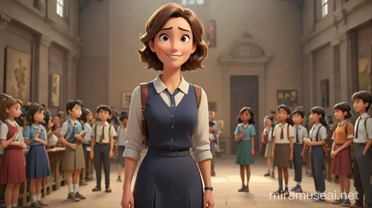 3D illustrator of an animated scene of   full  body female teacher which has a A slight smile when she heard the student question    while they  standing in big  real museum  surrounding by  her standing students 