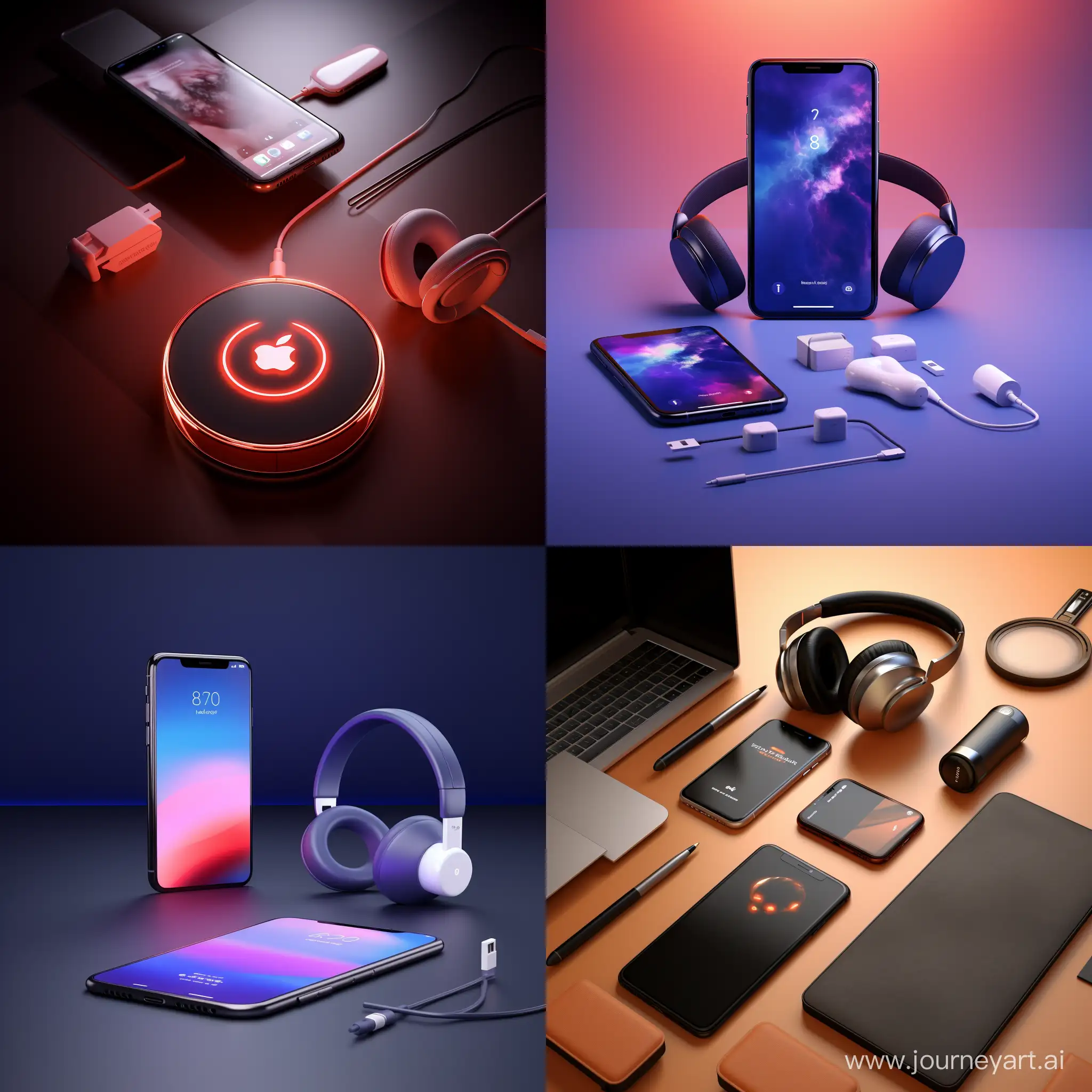 Design a logo and use mobile, headphone, AirPod, smartwatch, charger cable, micro USB, realistic, Square in 16:9, Minimal