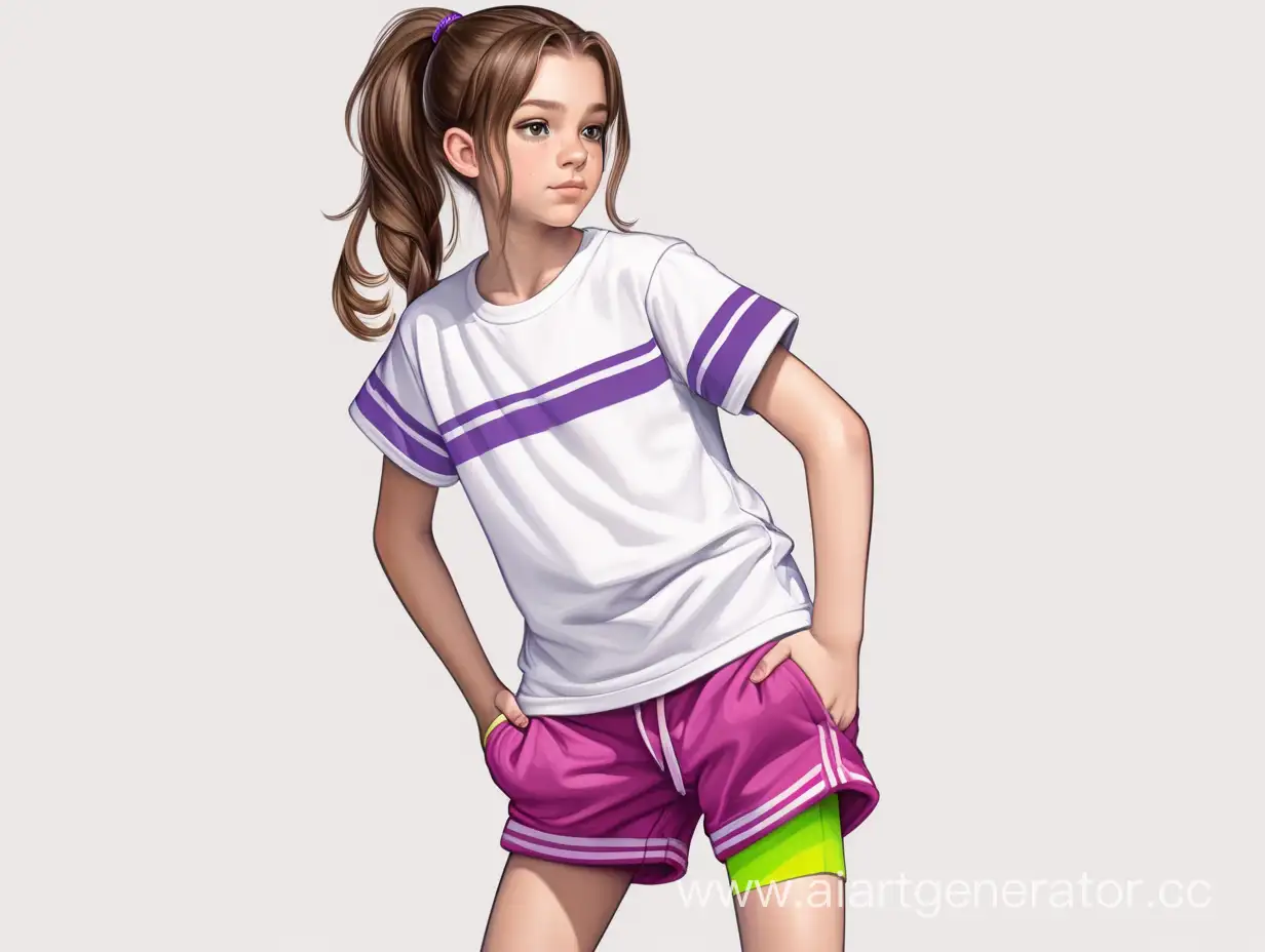девочка 12-13 лет с коричневыми волосами в хвостике с фиолетовой резинкой одета в большую белую футболку с салатовыми полосками и розовые шорты