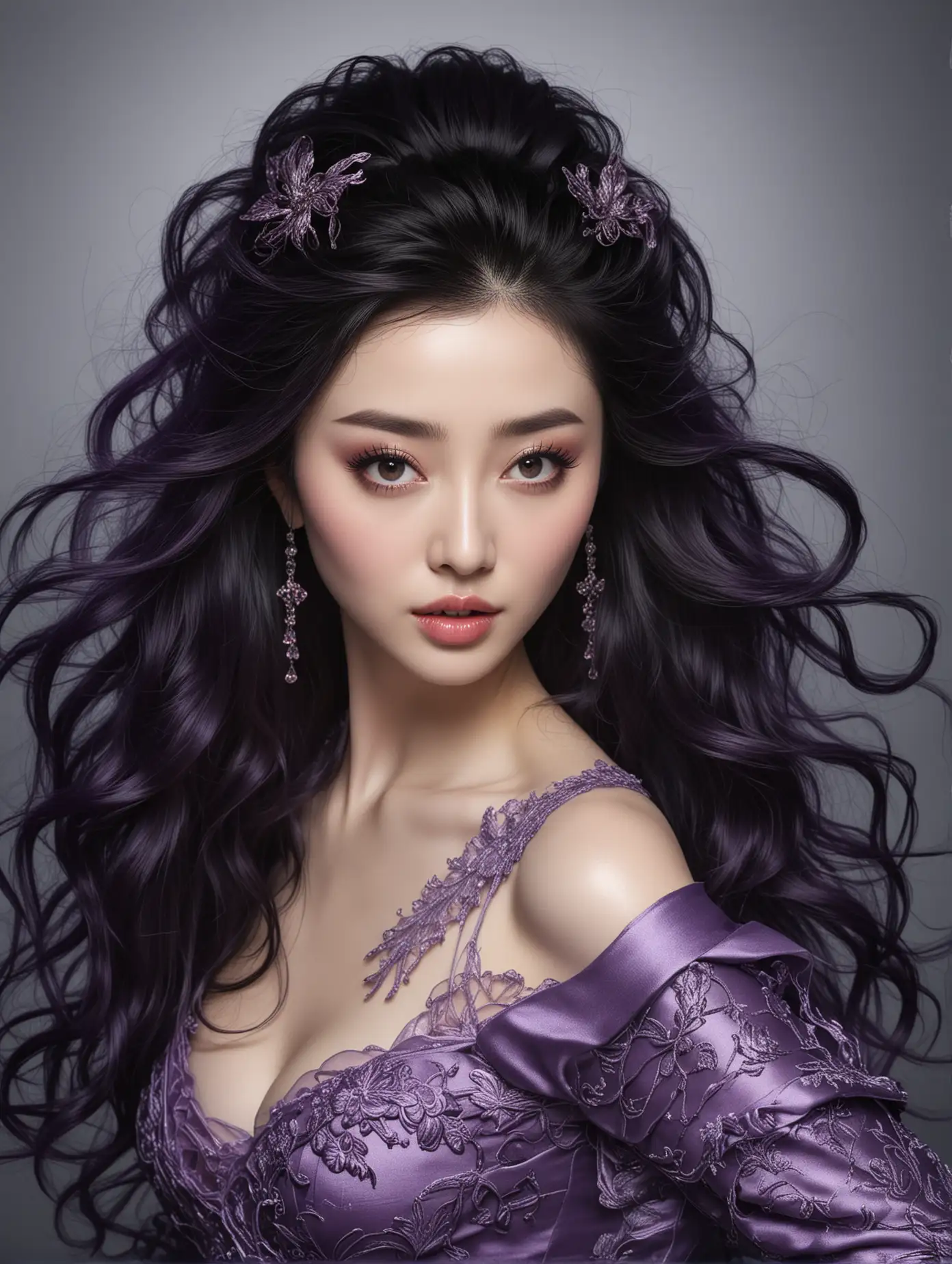 Fan bingbing is the centerpiece of the image, and every detail of her is rendered in intricate detail. Her hair is a deep shade of purple, falling in loose waves around her shoulders. Her face is angular, with high cheekbones and full lips. Her eyes are large and expressive, framed by thick lashes that fan outwards. She exudes a sense of strength and confidence, her body language conveying a sense of determination and purpose. full body view.