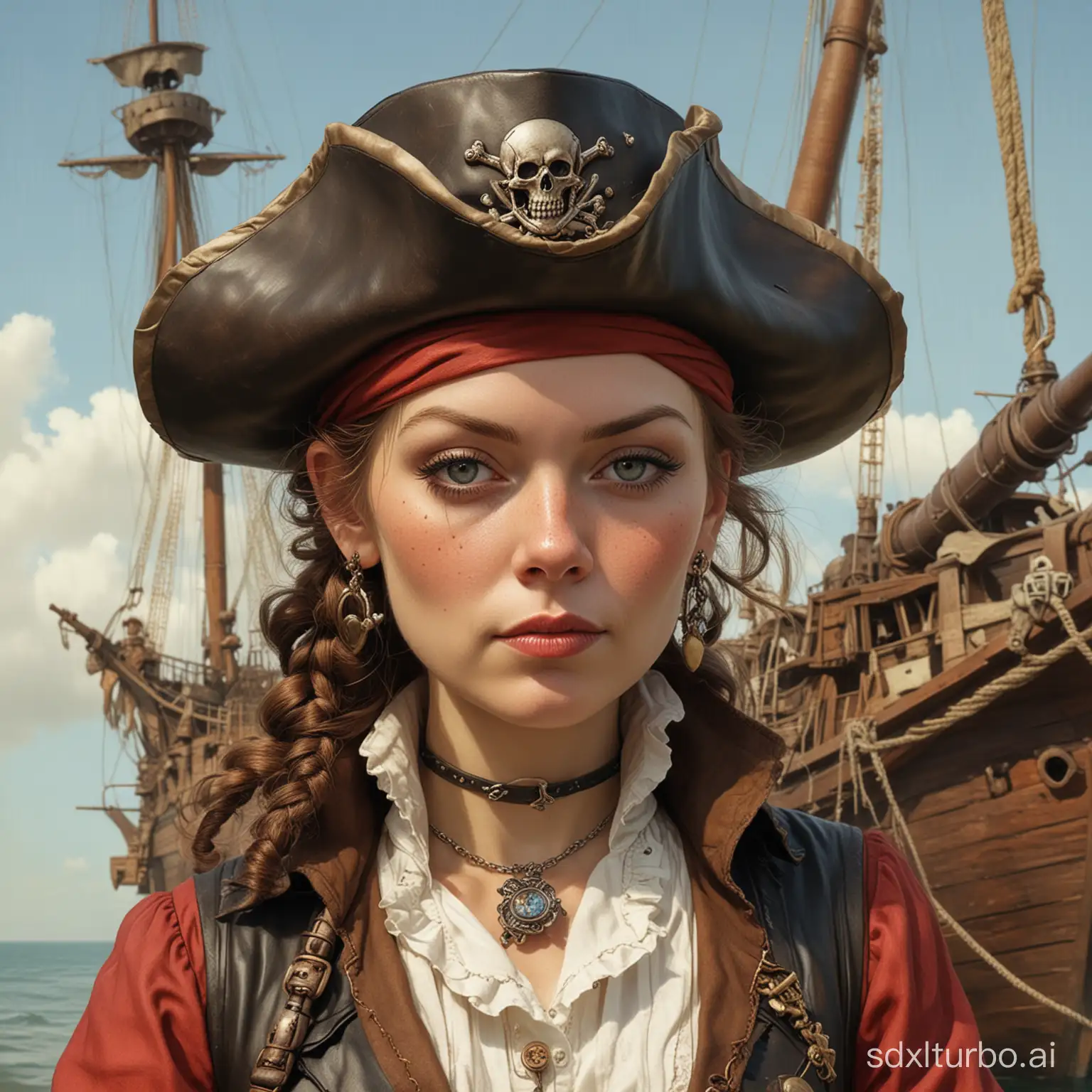 Stunningly attractive, pirate lady. In the style of Greg Simkins, Norman Rockwell and Isaac Cordal