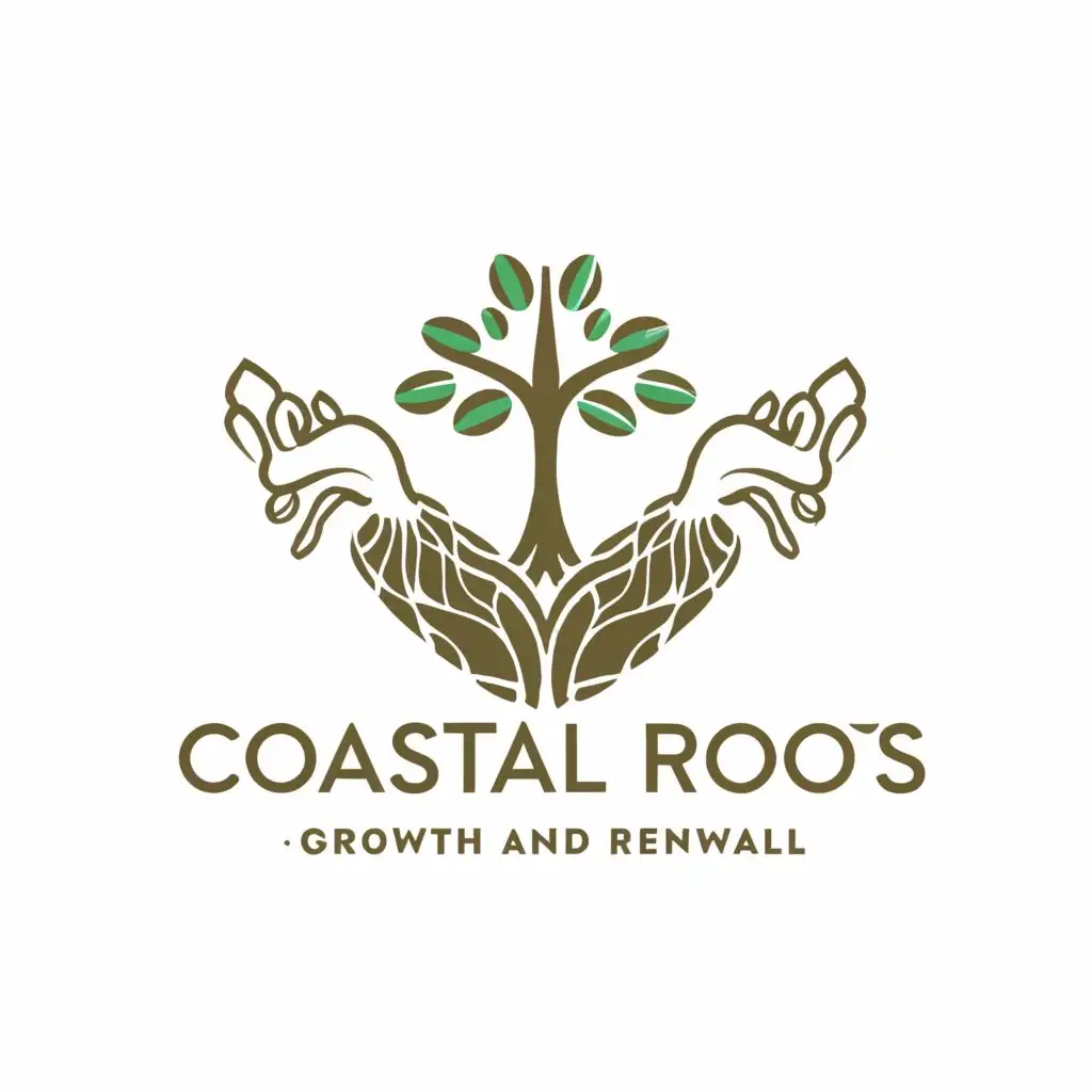 a logo design,with the text "Coastal roots: growth and renewal", main symbol:Water, trees, hands,Moderate,be used in Nonprofit industry,clear background