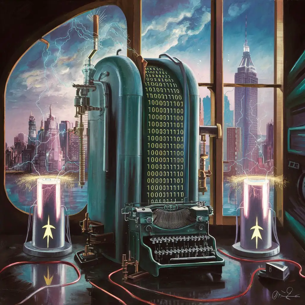 A picture, painted in the Italian 1930s Futurism style.  It is of A steampunk 2 metre tall Analytical Machine, with typewriter keys and a binary display of rows of glowing valves. Connected to it are two flashing tesla coils.  A large window next to it shows the towering buildings of Neo York