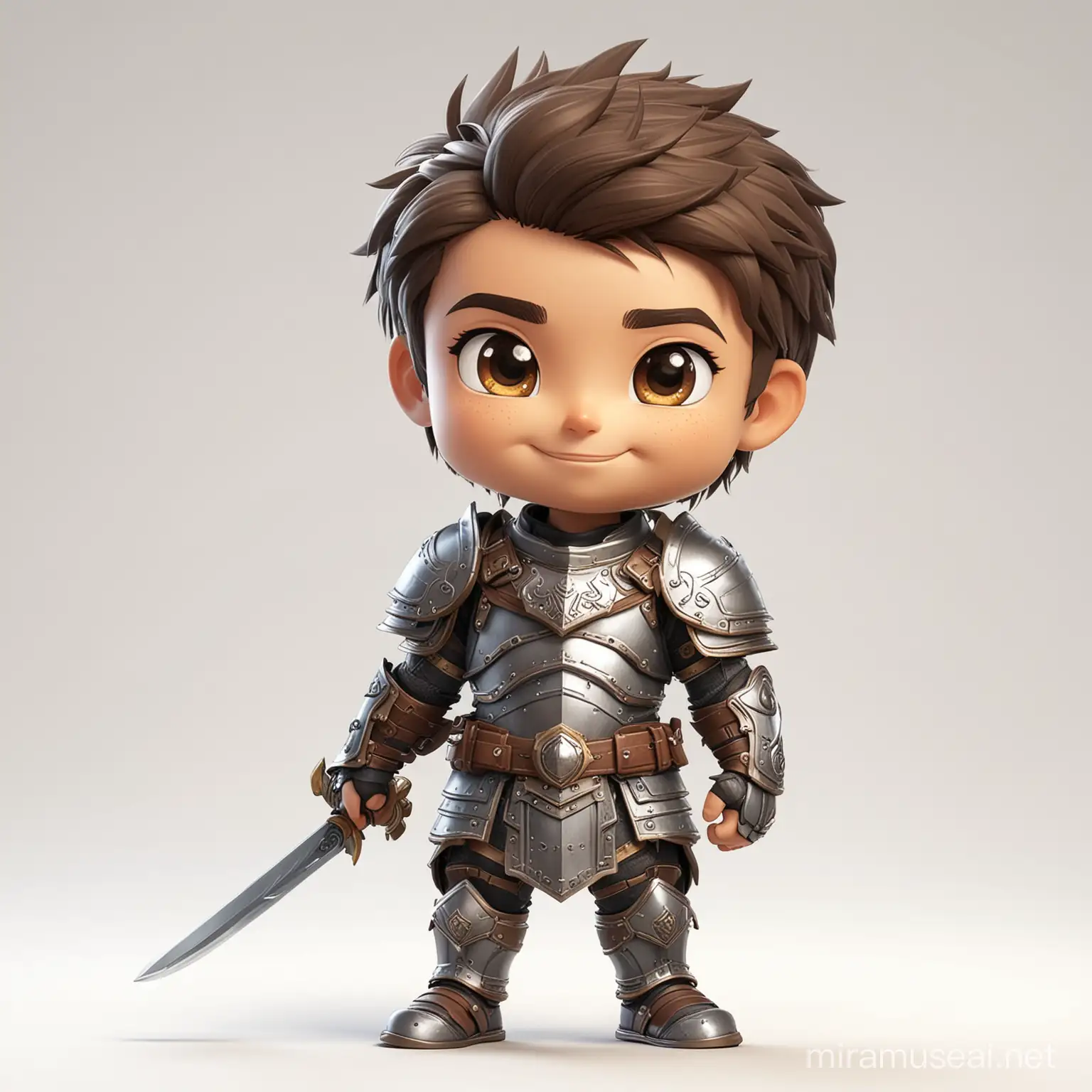 male child warrior smiling wearing armor on a white background full body chibi style