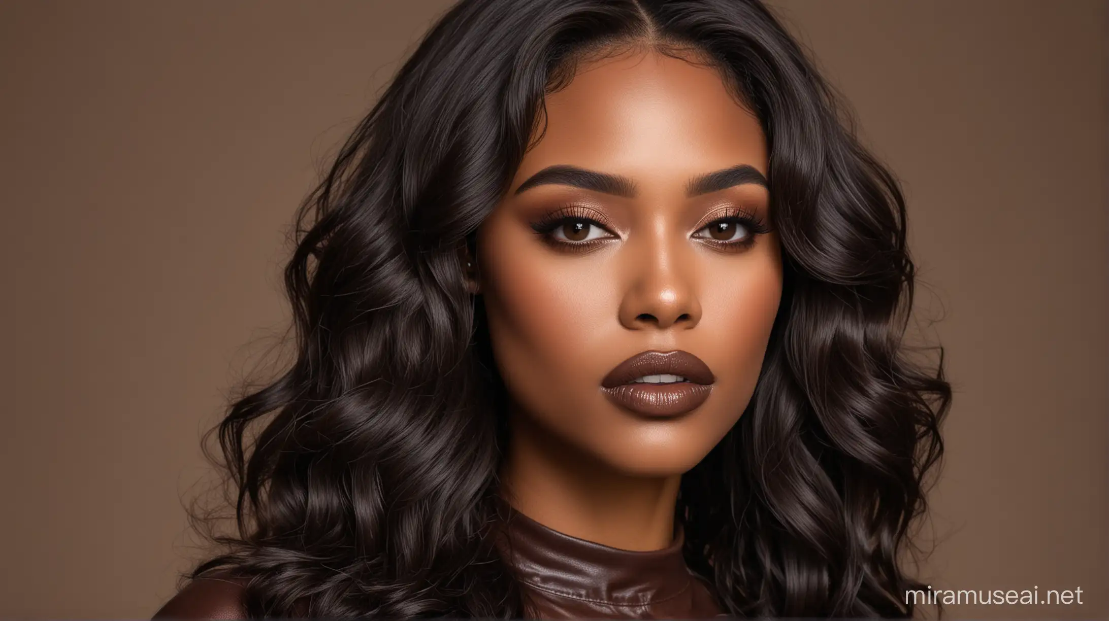 Images of a beautiful dark brown skin black woman wearing long black wavy hairstyle, Modeling a soft pretty makeup look wearing a dark colored chocolate brown lip gloss, She is wearing a chocolate brown leather top