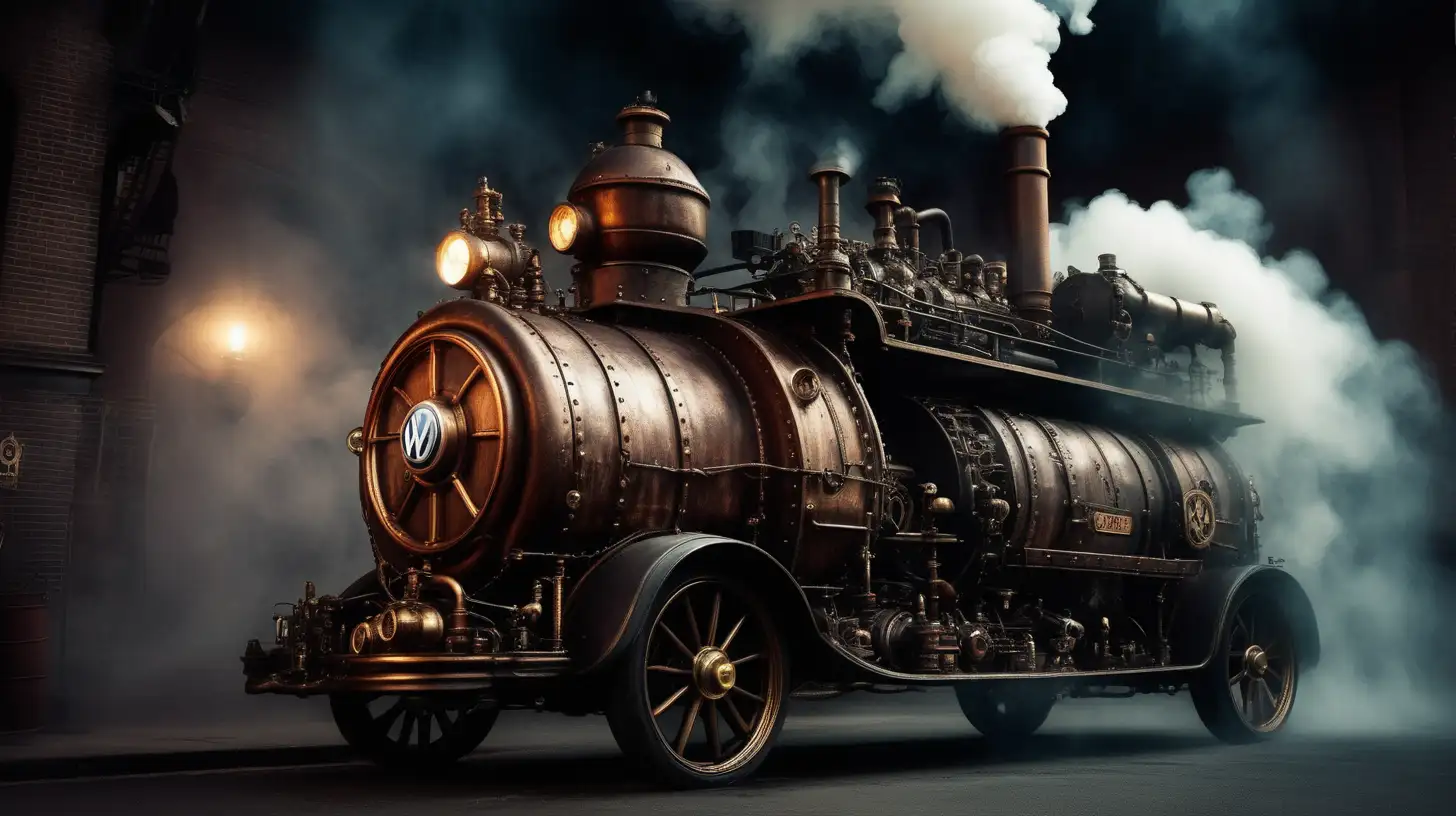 Steampunk volkswagen steam engine smoke city darkness