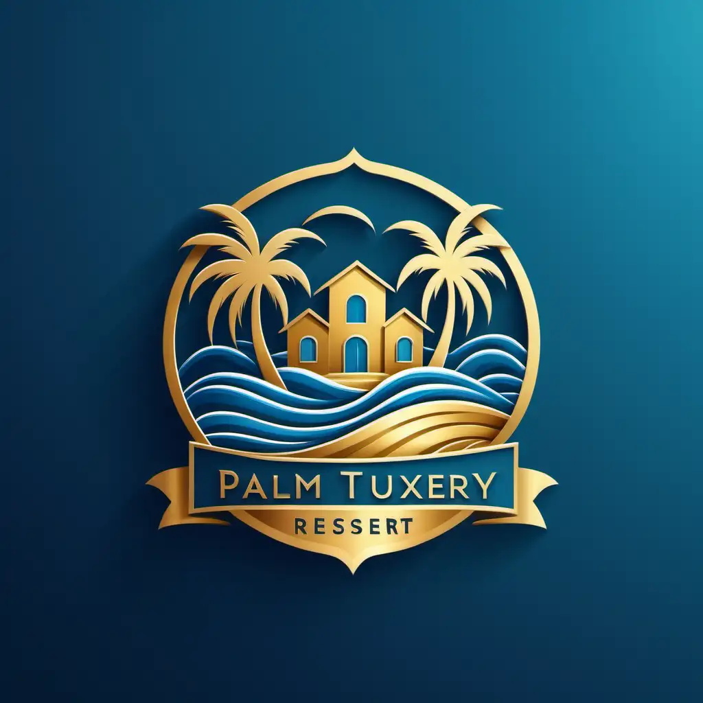 small luxery
 logo flat tropical RESORT management names: premium property mangement

you see in the logo:
palm tree, houses 
luxery houses, waves blue and gold