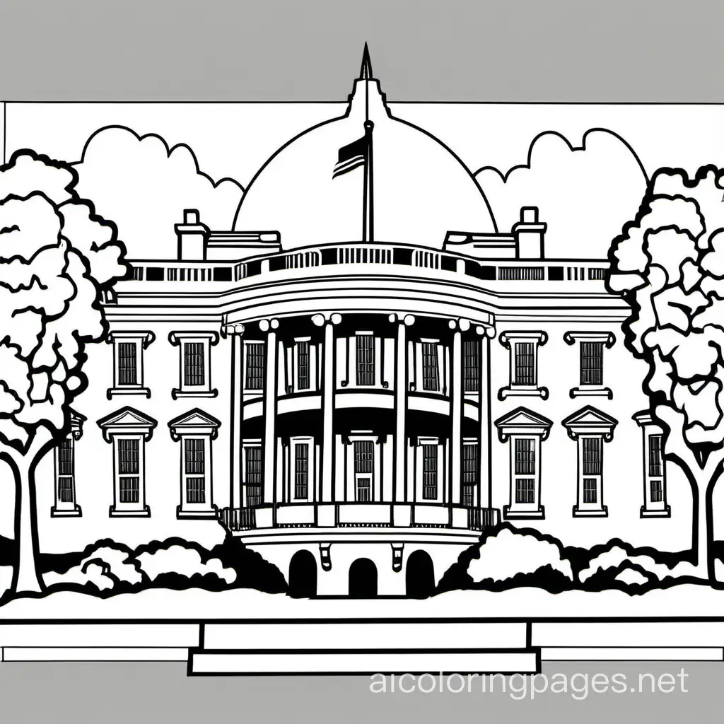 white house in dc, Coloring Page, black and white, line art, white background, Simplicity, Ample White Space. The background of the coloring page is plain white to make it easy for young children to color within the lines. The outlines of all the subjects are easy to distinguish, making it simple for kids to color without too much difficulty