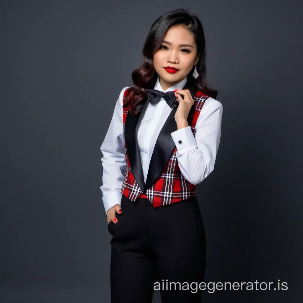 pleasant Filipino woman with shoulder length hair and lipstick wearing a red and black plaid tuxedo with a white shirt with cufflinks, black bow tie, black pants
