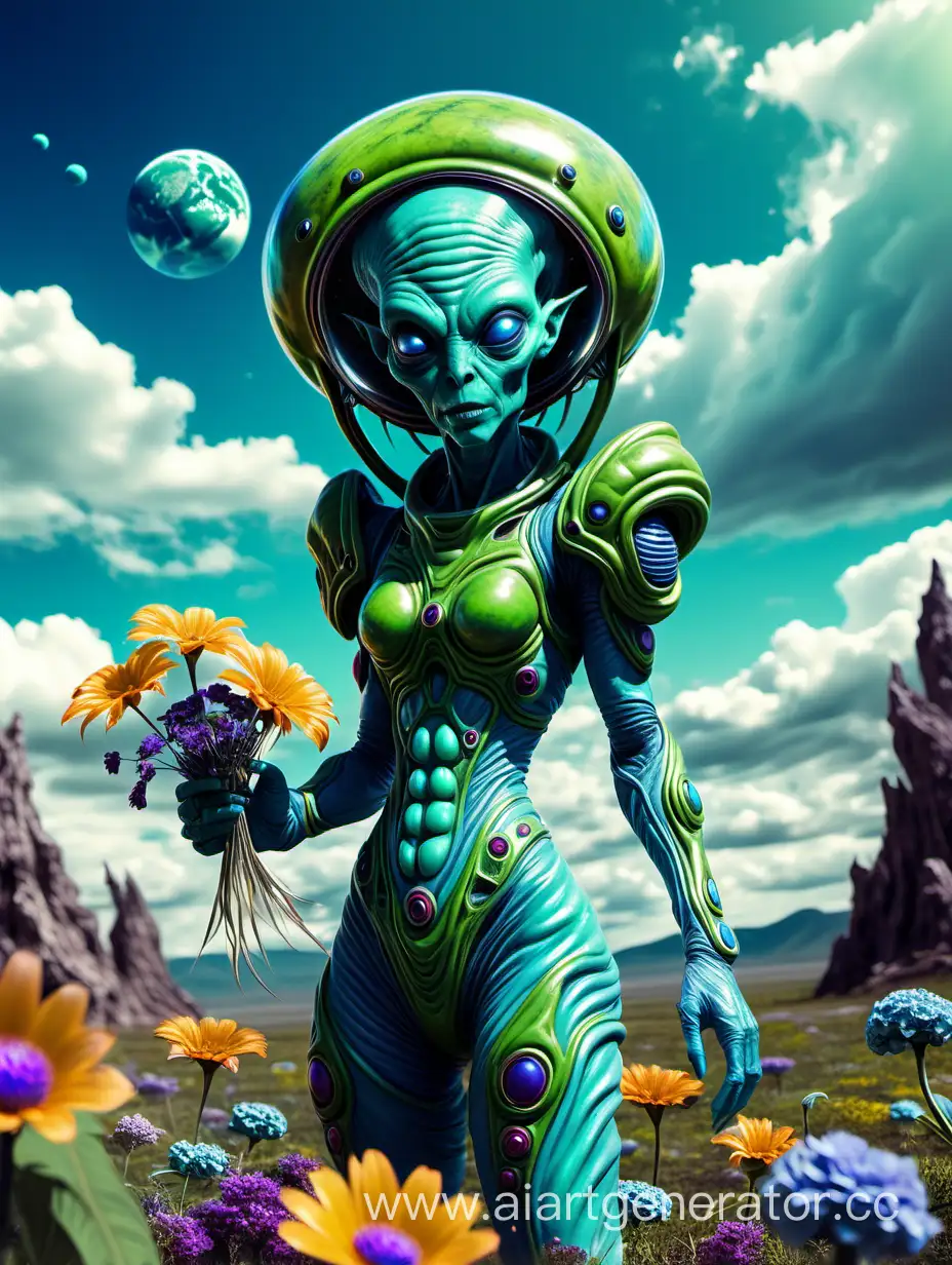 Инопланетный монстр, земная астронавт девушка, красивый инопланетный пейзаж, красивые инопланетяне приносят дары, голубое небо, зелёные облака, яркие необычные цветы.