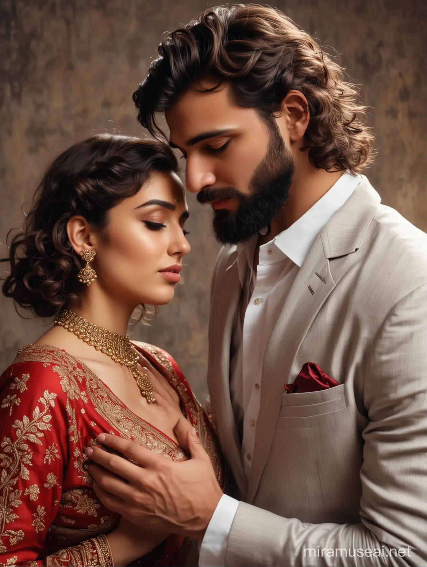 full portrait photo of most beautiful european couple as most beautiful indian couple,  most beautiful cute girl in elegant saree, wide black eyes, full face, girl has long curly hairs, full red dot,  hair falling on breasts, full makeup, bridal makeup, full jewelry, hair ornaments, blouse low cut, girl embracing man and resting forehead on chest of man with deep emotion and ecstasy, man comforting girl,  man with stylish beard and perfect short hair cut, suit, photo realistic, 4k.