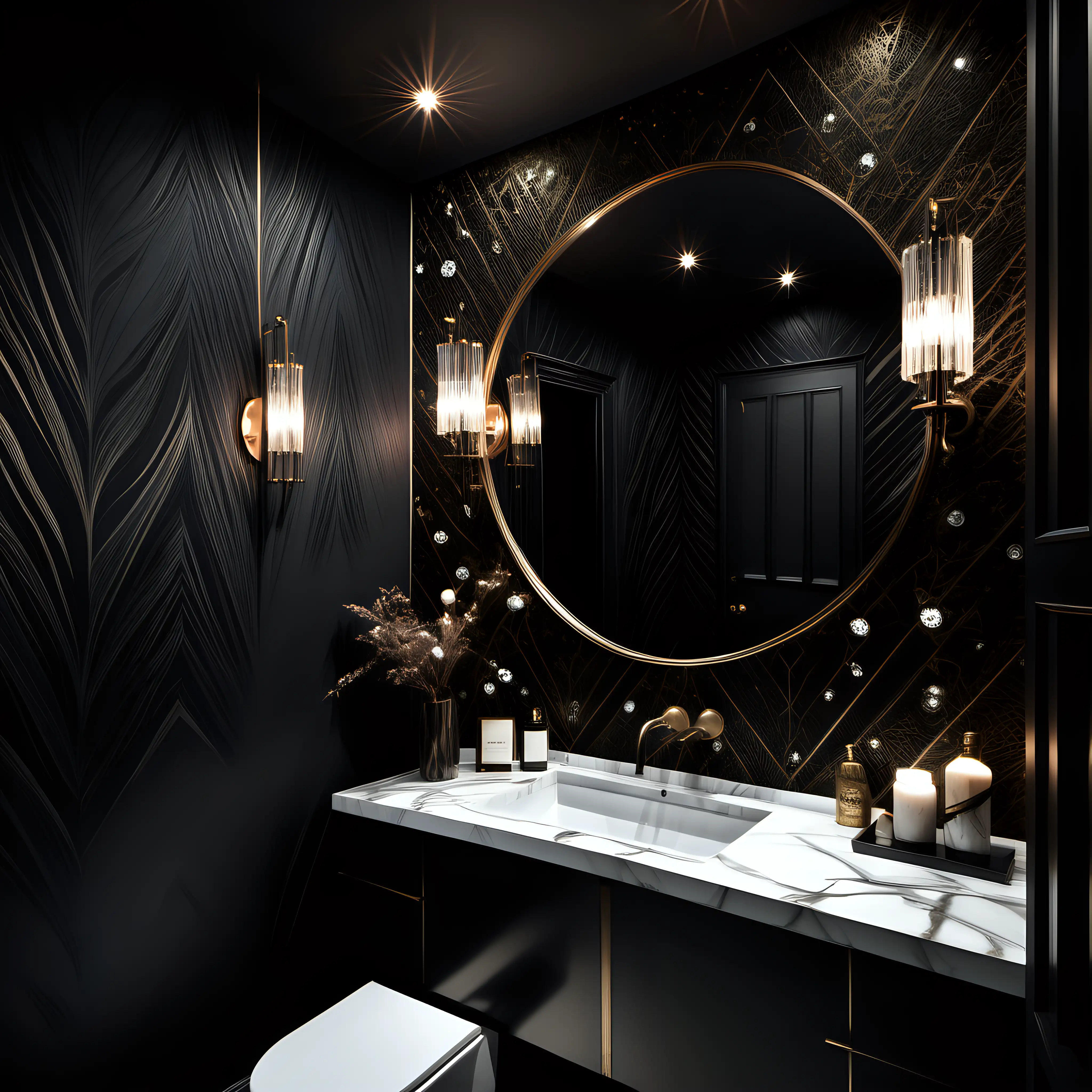 Luxury dark and luxury bathroom with wallpaper with crystal wall lights either side of the mirror, bronze hardware 