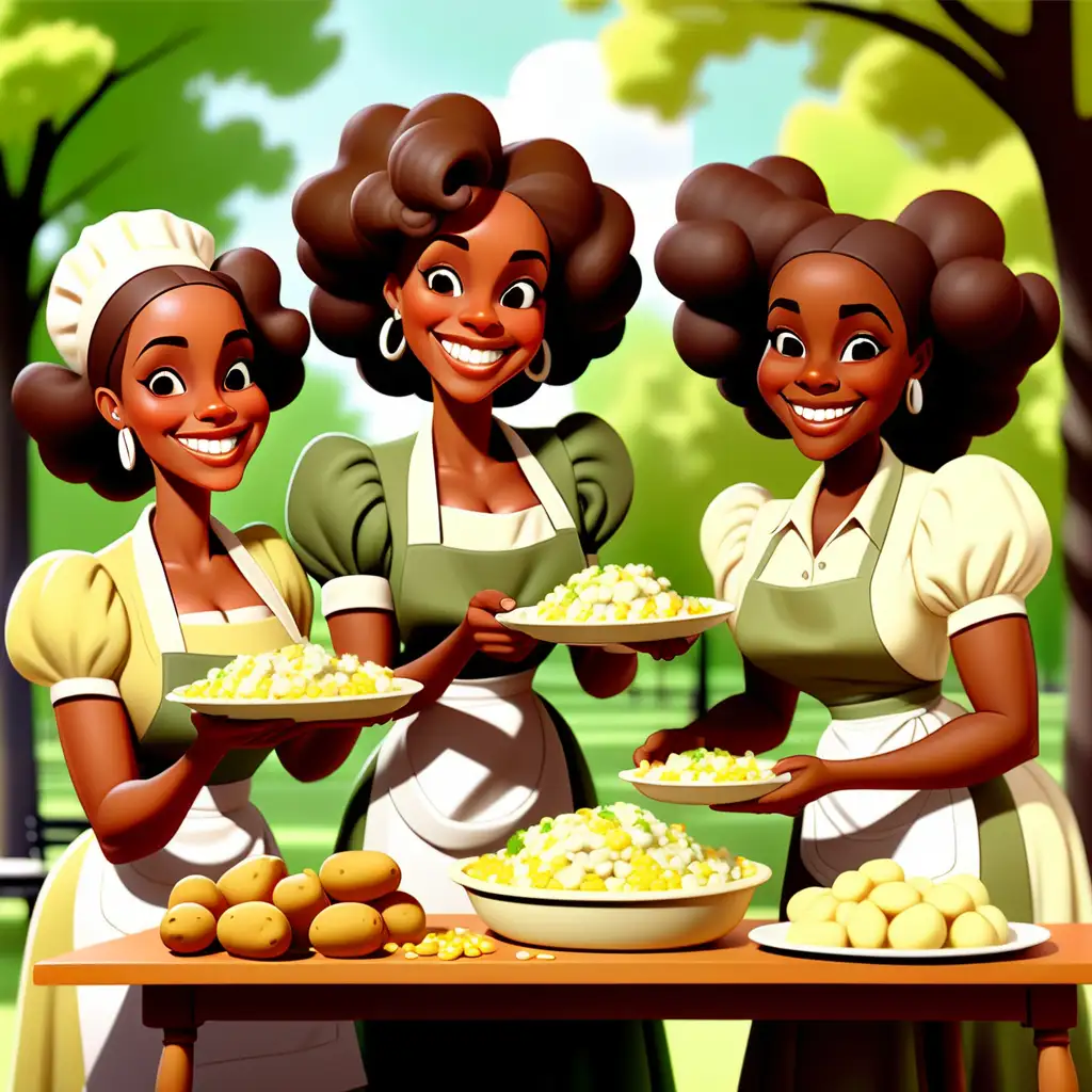 1900s cartoon style African American women putting potato salad, corn bread and green on a table in the park smiling 