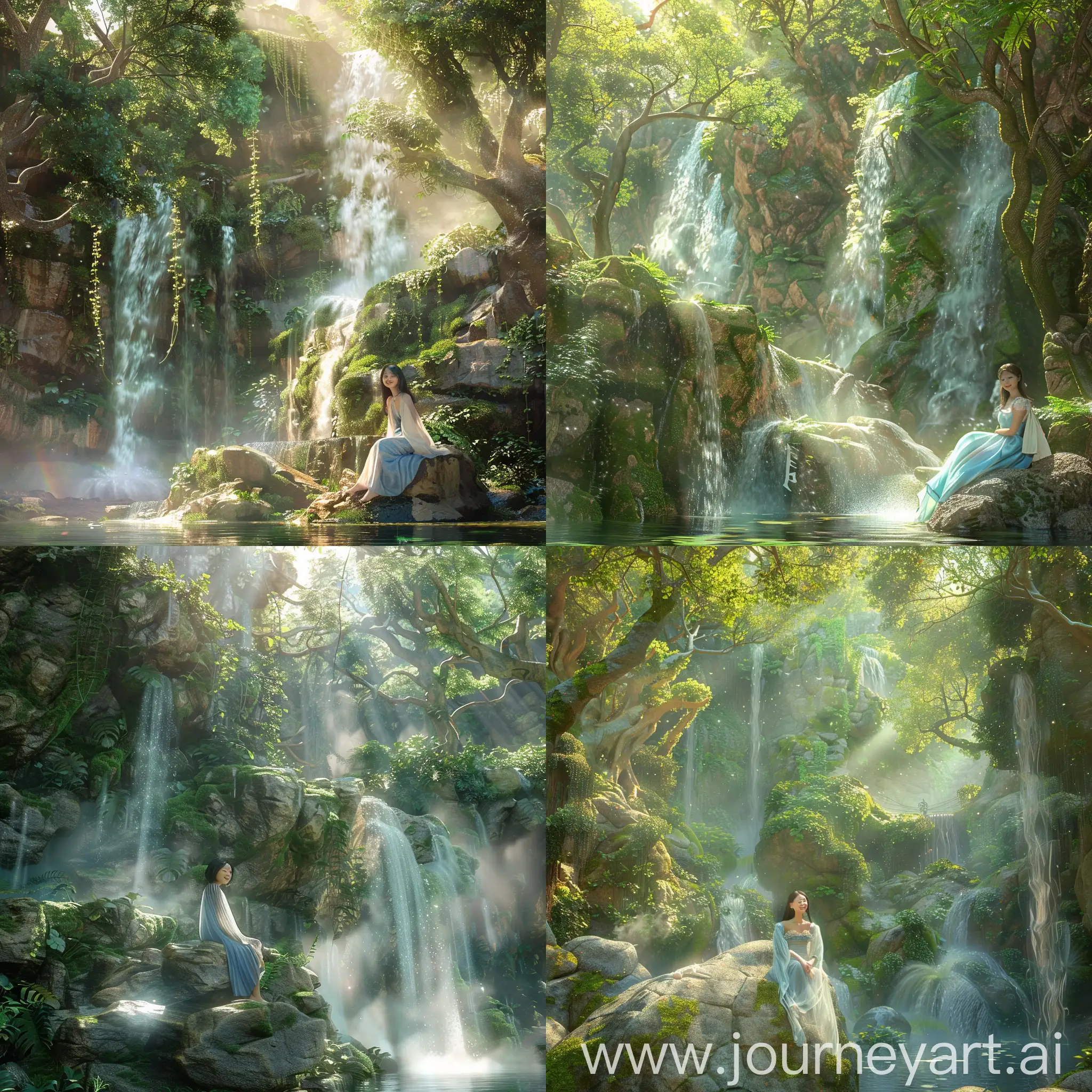 photorealistic scenery of a hidden waterfall cascading down a moss-covered cliff face, surrounded by lush greenery and ancient trees. The water pools into a crystal-clear pool below, and mist hangs in the air. Sunlight filters through the trees, casting a magical glow on the scene. There is a large boulder on the pool side on which sat a 23 year old cute asian girl donning bluish-white gradient dress with a semi-transparent pure white shawl on her shoulder smiling with warm expression toward the close up camera whose focus is the girl