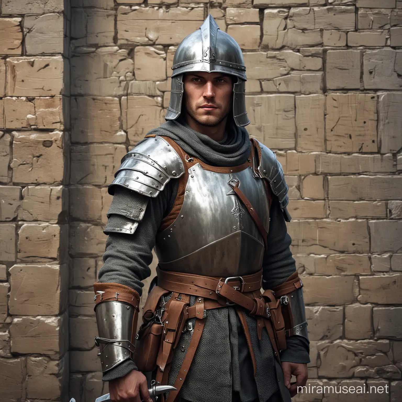 dnd medieval prison soldier, wearing a helmet
