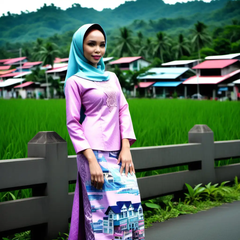 Create a girl, teenager, nora danish, wearing a modest baju kurung, with a village background