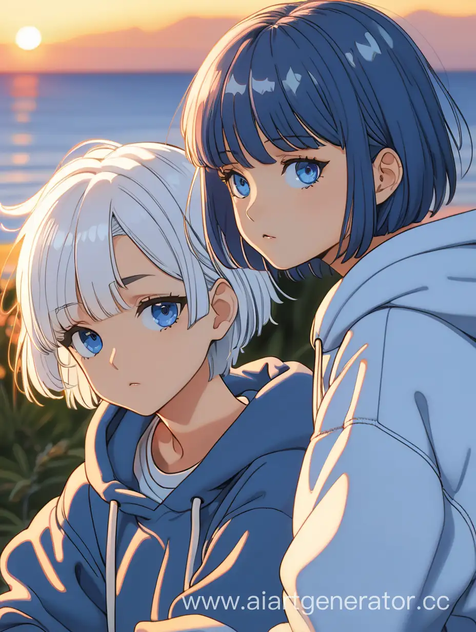 Girls-with-Dark-Blue-and-White-Hair-Enjoying-Sunset-Manga-Moment