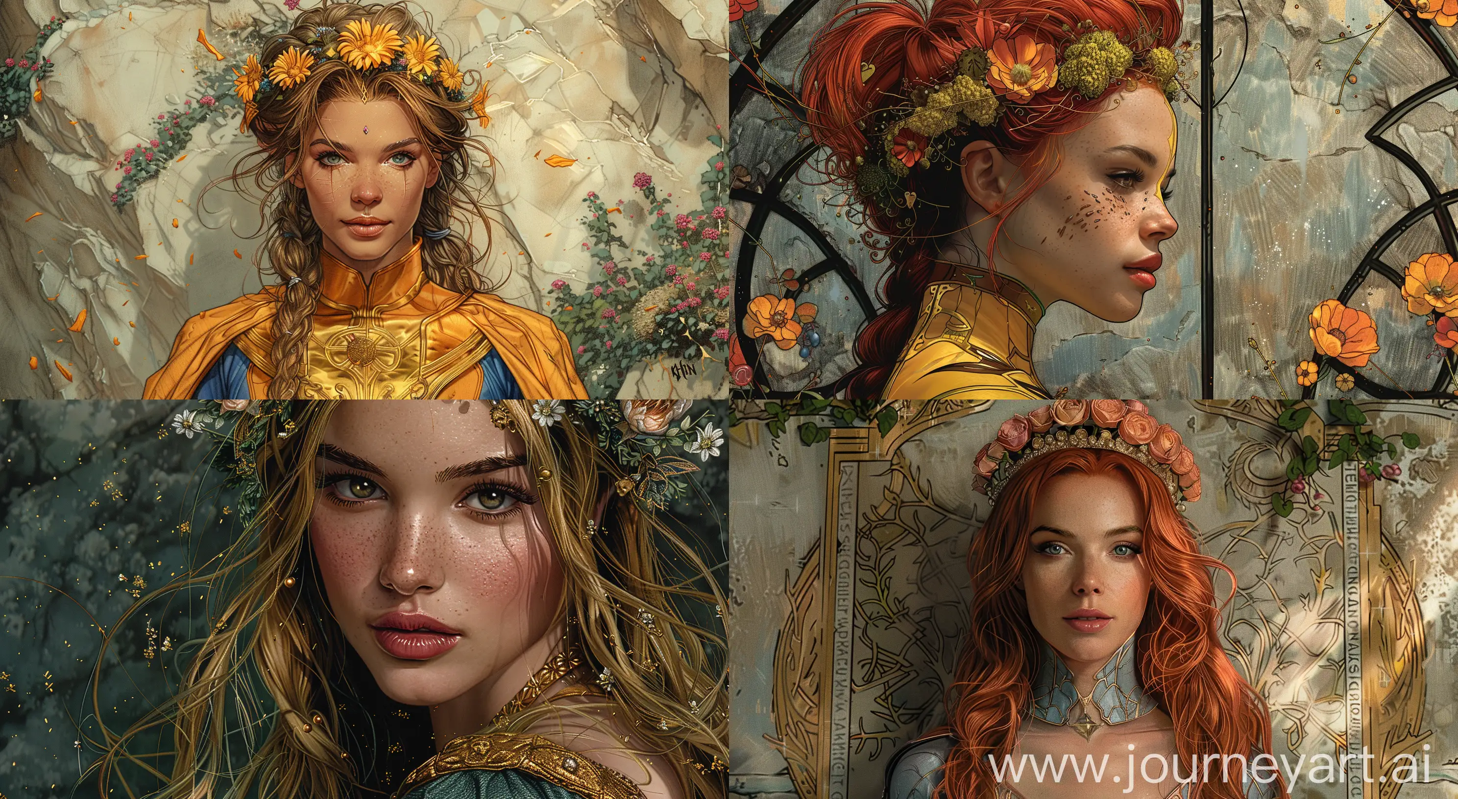 freehand colored pencil drawing flat color Fantasy rpg full body woman-wizard flower crown spring mood oil painting by Keith Parkinson style style high detailing , exclusive details , prime , high quality , ultra detailing, Jim Lee and Artgerm style, features, ancient, highly detailed, complex, golden ratio composition, X-Men comic book cover, --v 6.0 --ar 29:16 --s 950