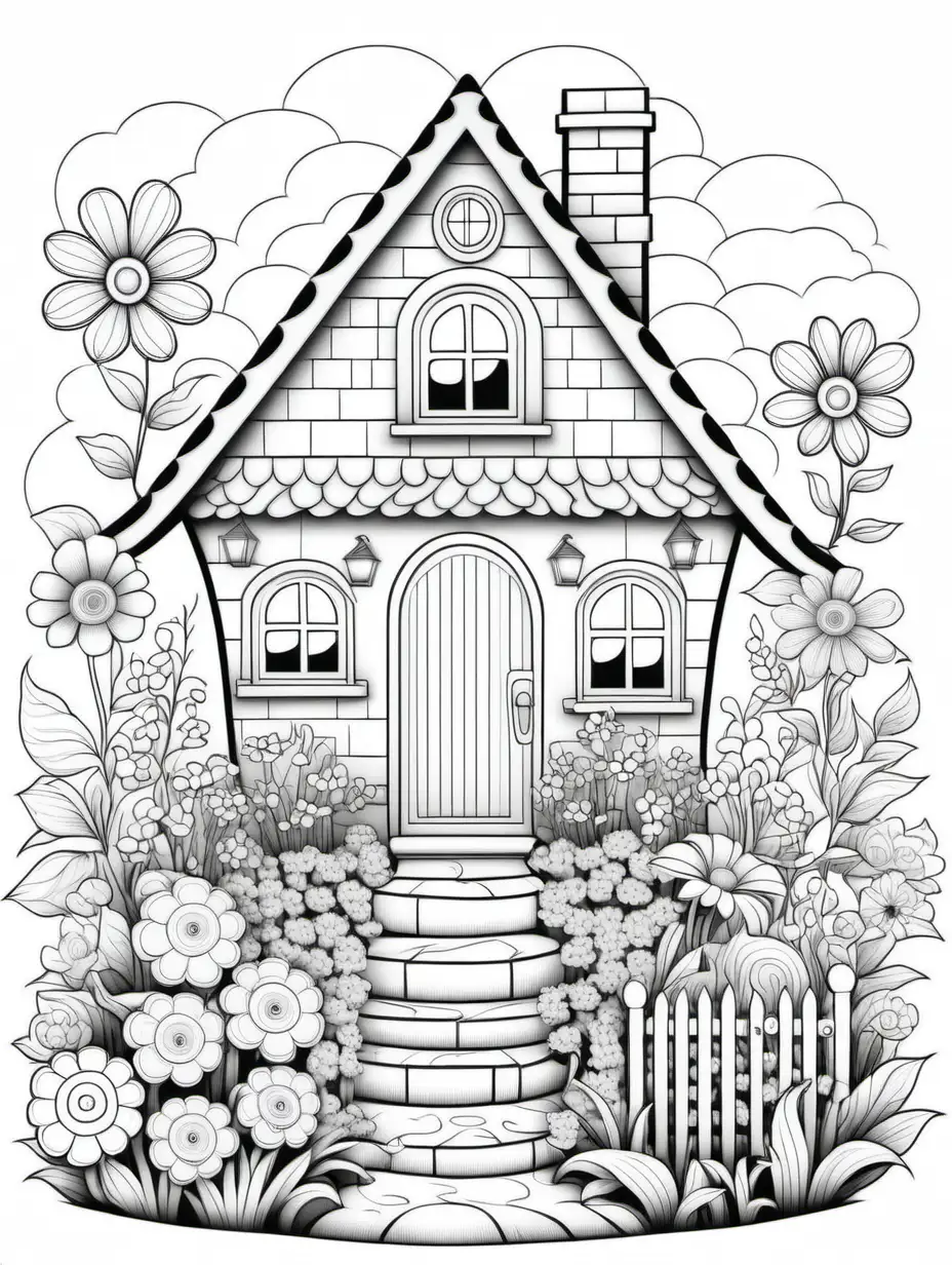 Whimsical cottage with flower garden for coloring book with black lines and white background
