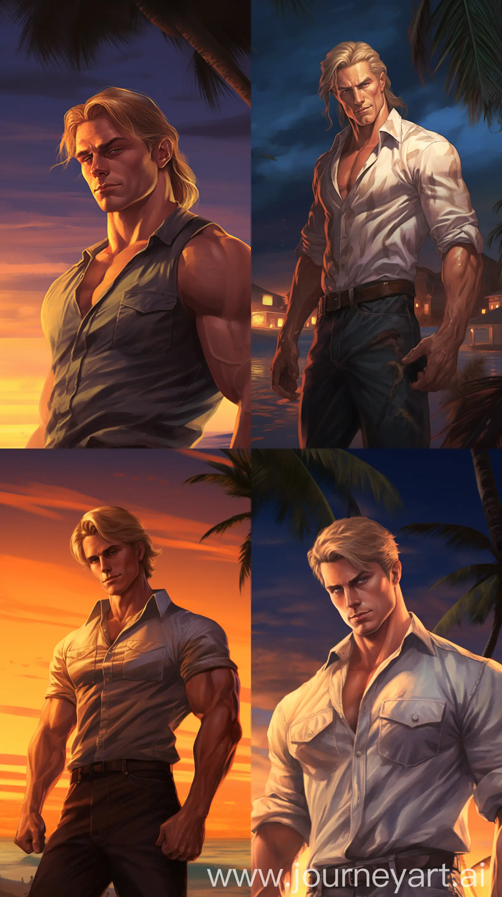 phone wallpaper of Abbott Fuller Graves painting art style of Reiner braun character from attack on Titans with blonde hair as a 50 years old man muscle with chest hair ,and big body, handsome , wearing a little short at beach at night, , --ar 9:16 --v 5.2