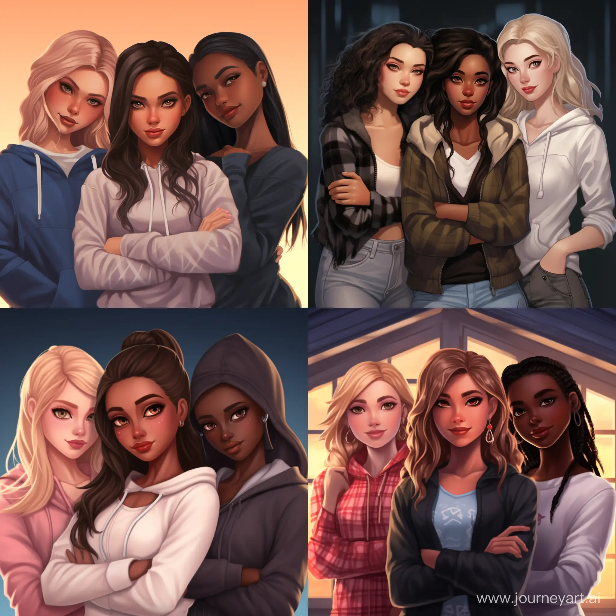 Four girlfriends, four girls, a beautiful dark-haired girl with snow-white skin in a hoodie, a strict brunette in a shirt, a cute little black woman, a blonde with a soft smile, high quality, high detail, cartoon art