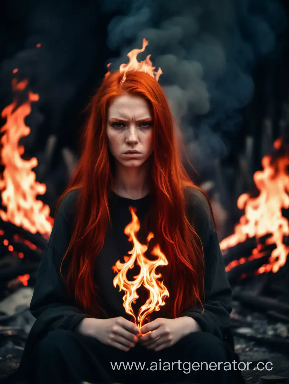 Злая и грустная рыжая девушка с длинными воспламеняющимися волосами, огонь горит из сердца