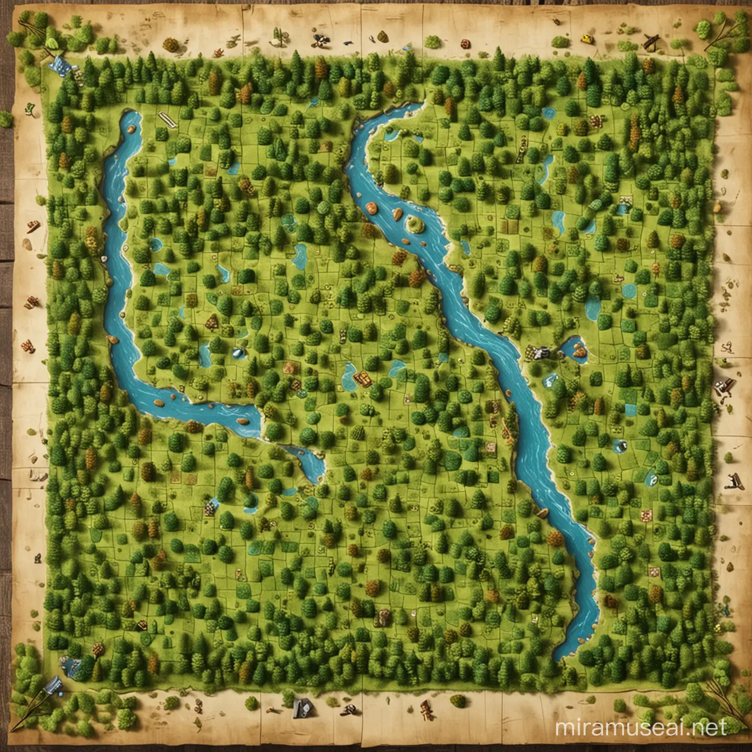 Grasslands Map with Forest and River for Board Game