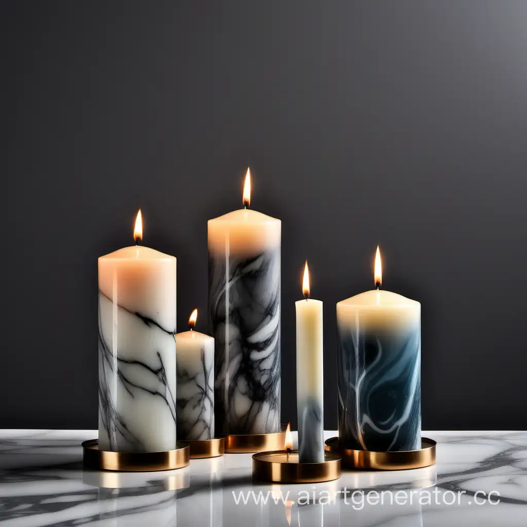 the image shows table candles in different formats: very thin, thin, thick, high and medium height. All candles have a solid but different color. Each candle is placed on a designer candle stand made of marble, glass, wood or metal. The wicks of the candles are burning. The image is on a gray background. Harmonious colors with a background and with a burning flame. The image emphasizes the style of interior decoration with candles.