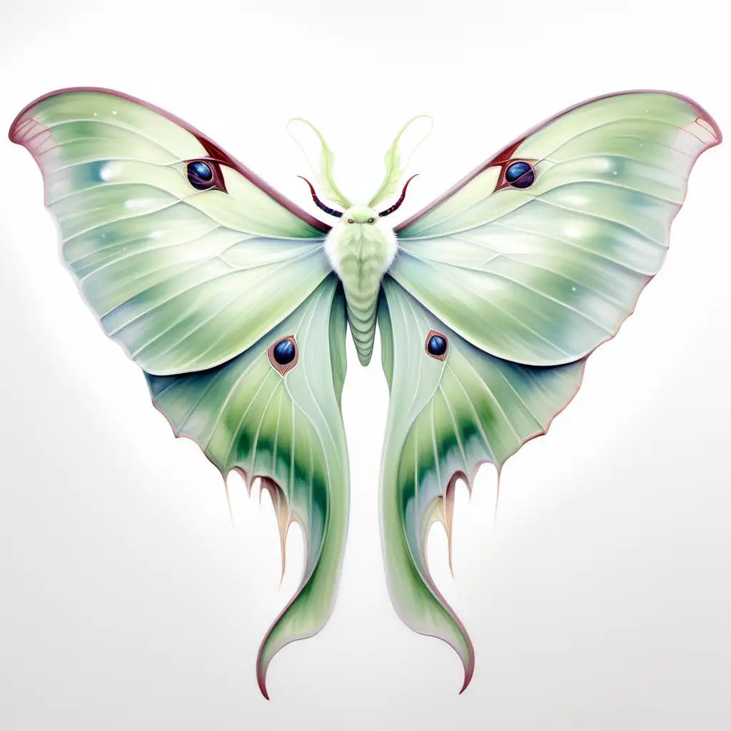 arty painting ethereal spirit paint Luna moth with flowy wings white background pastel and white colours 