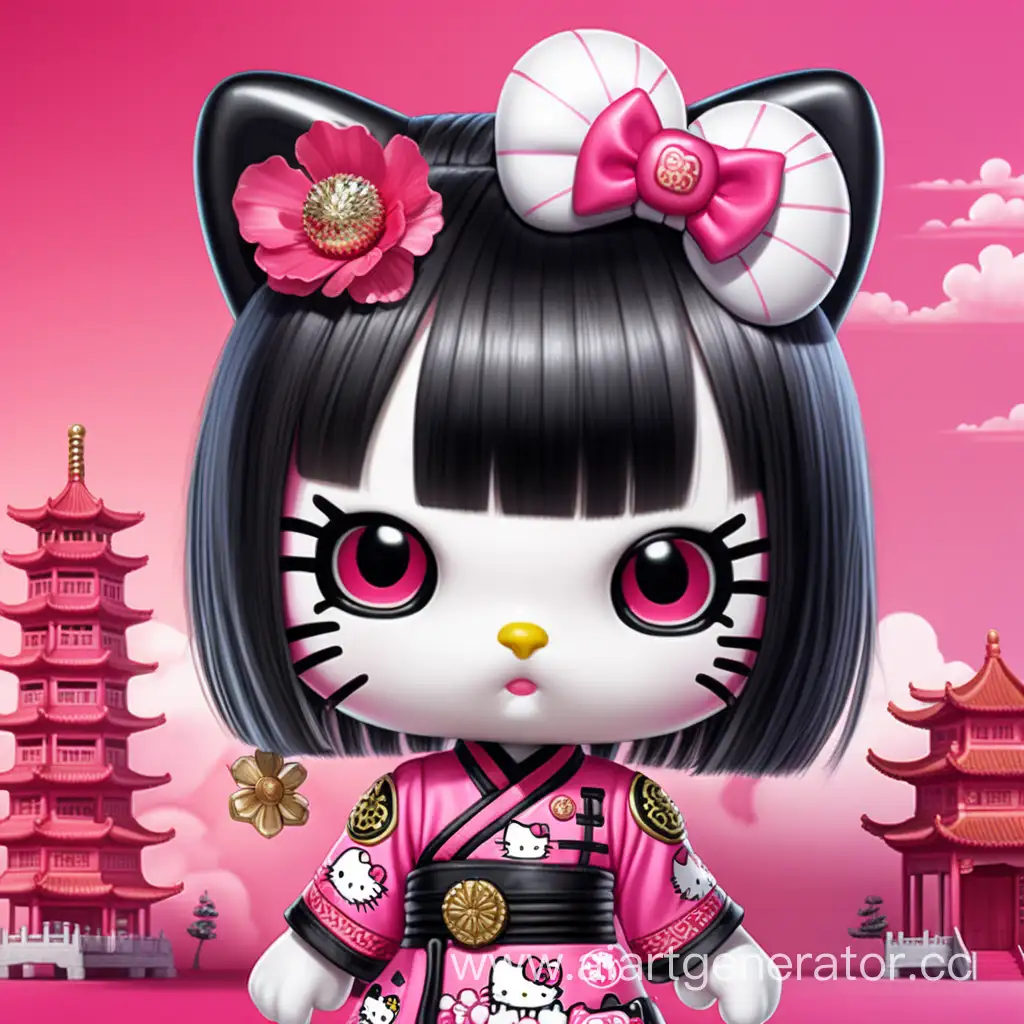humanoid Hello Kitty with eyelashes, with black hair and a Chinese hairstyle in a Chinese dress, with punk pink details against the backdrop of a holiday in China