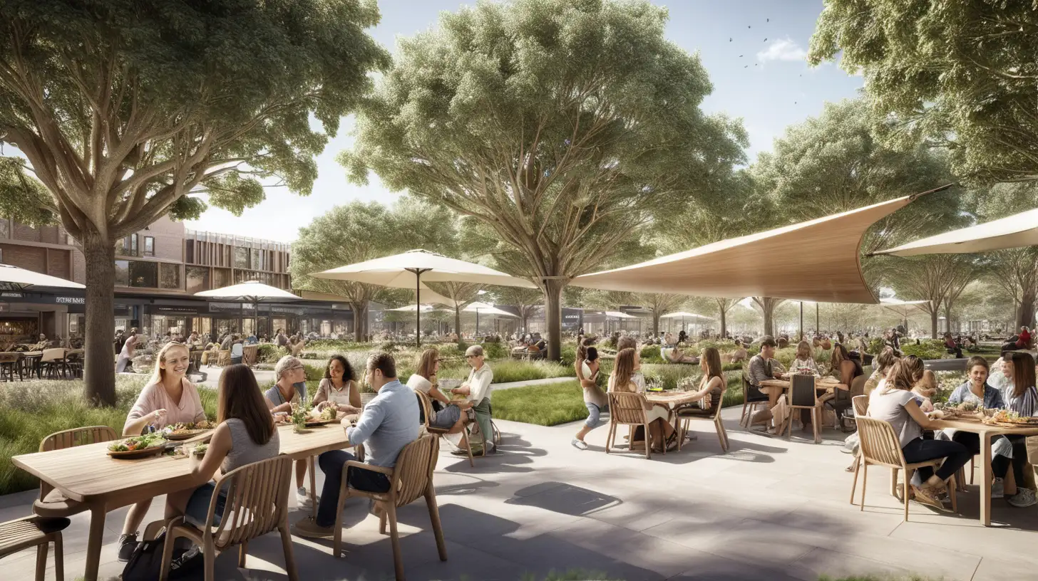 New city Green Square for 30,000 dwellings mixed use parklands generous tree canopy outdoor dining