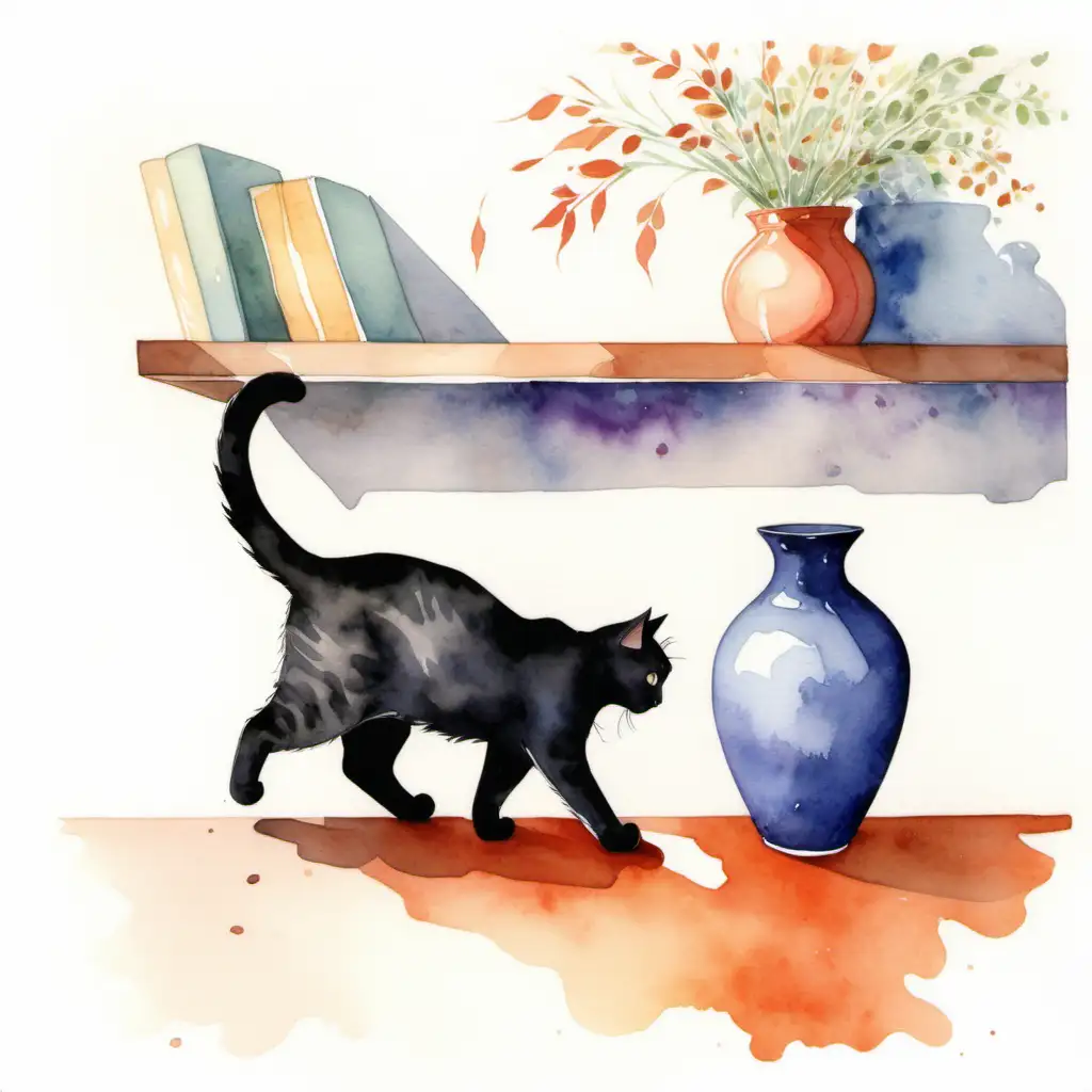 Vase falling to the floor pushing by a cat onto a shelf.watercolpr