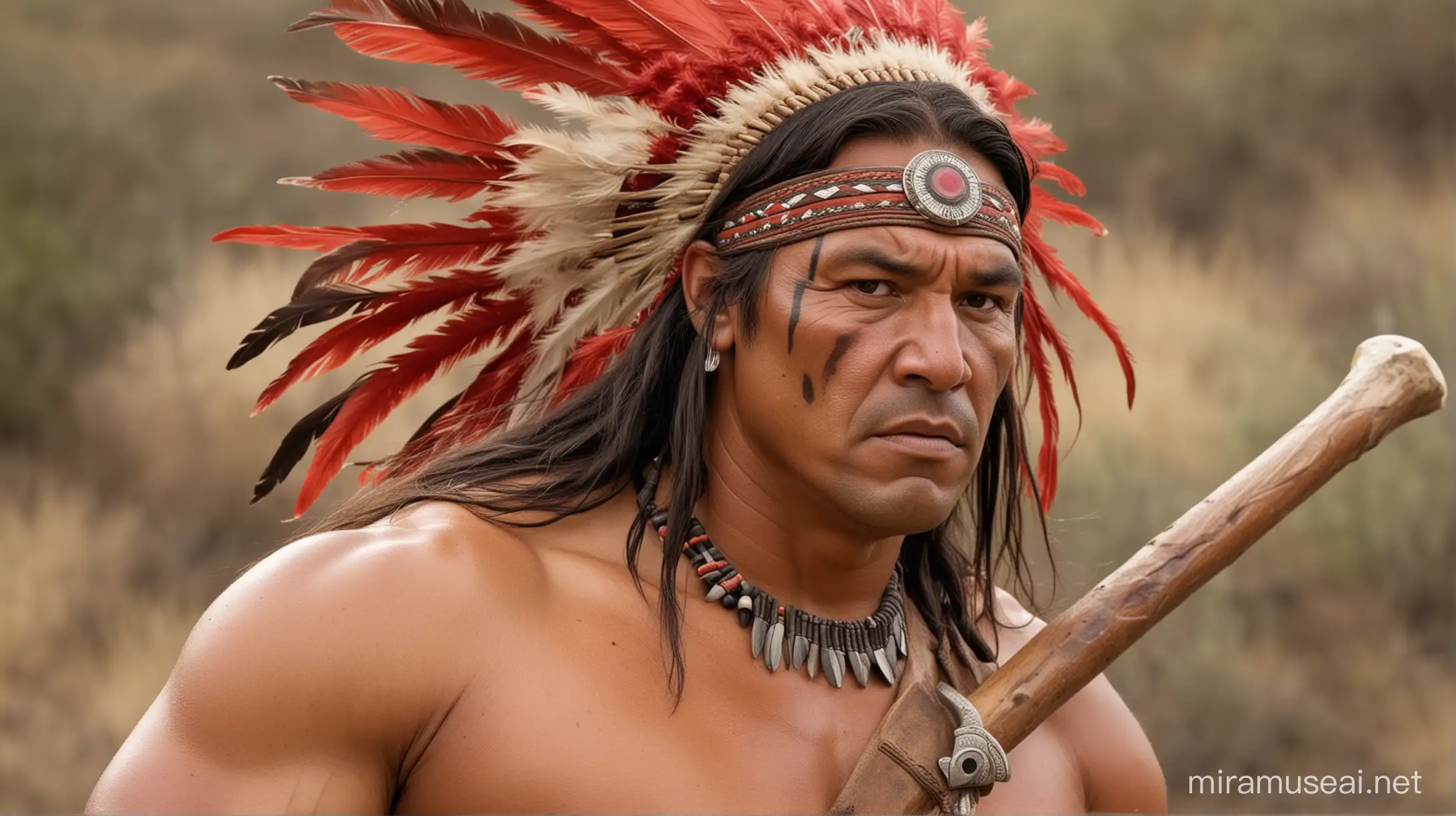 Large Native american man, Stocky buff build, red feathers in hair, holding a tomahawk