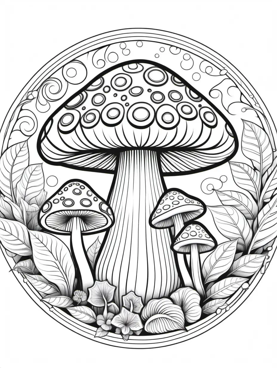 line work, coloring book, mushroom mandala, black and white, thick lines, vector file