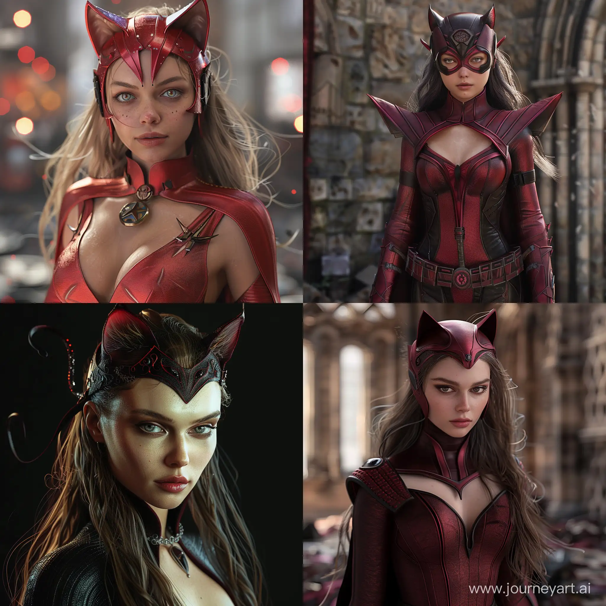 Scarlet Witch Cat Woman mix ultra-realistic, high resolution, with cinematic lighting, 3-D Render, OpenGL-Shaders with intricate detail and superb quality