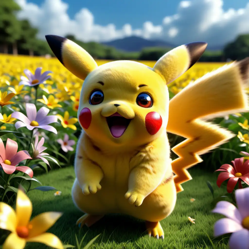 Playful Pikachu in Cartoon Realism Disney Animation Style with Luminous Brushwork on Flower Field Background