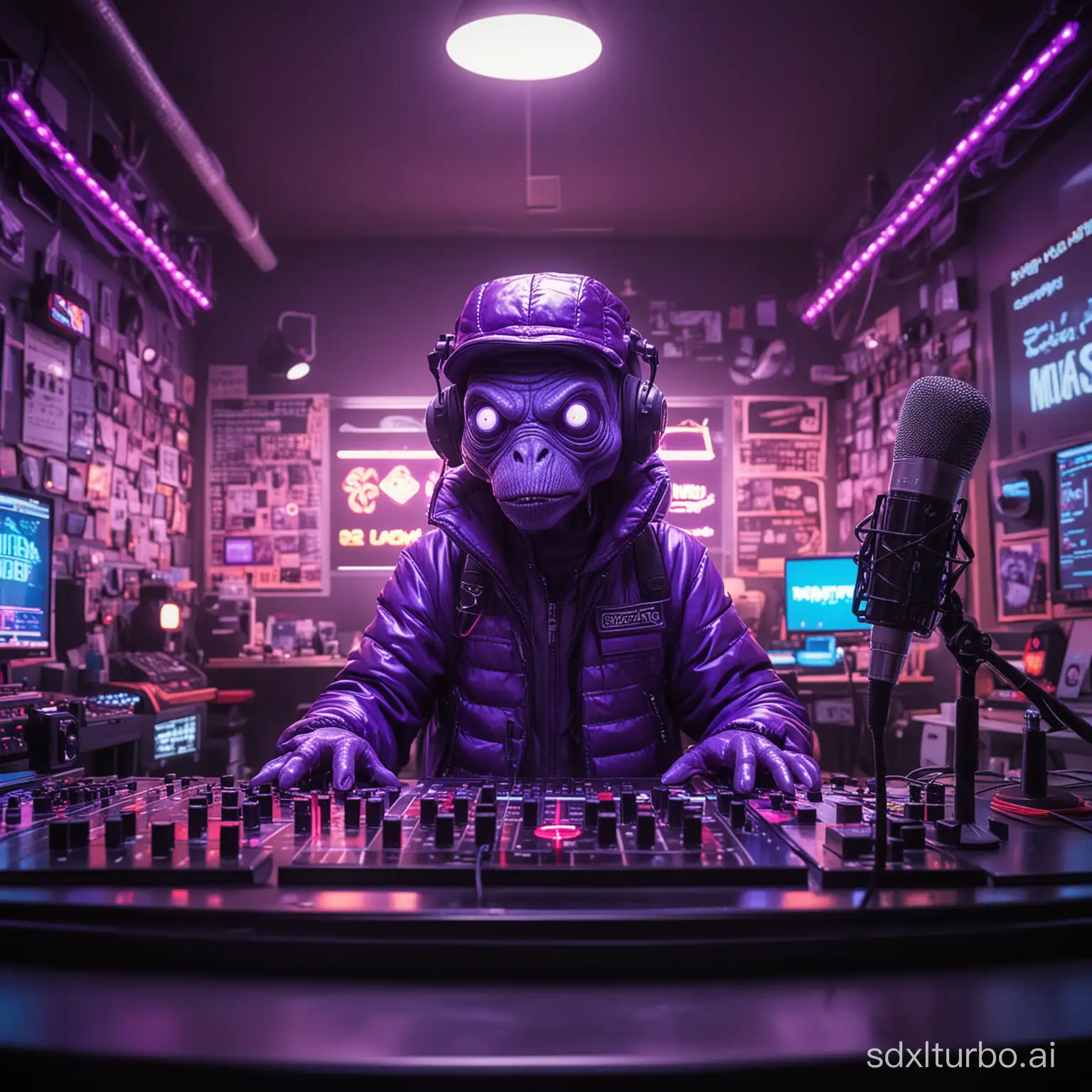 A purple alien wearing a puffer jacket and a baseball cap. Recording a song in front of a microphone on a futuristic music studio.  There’s a big desk with buttons, knobs, and screens.  Neon lights, LED lights, Keypad, MIDI controller, digital piano, Neuman U47 microphone. Digital art. Realistic  ilustration. Tron by Steven Lisberger. Sharp focus on the background. Neon colors, bright colors. neon lights, bright neon lights, neon color LED, color leds. Shot from behind. Fish Eye. Shot through the glass of the booth. Overshoulder shot, from the back.