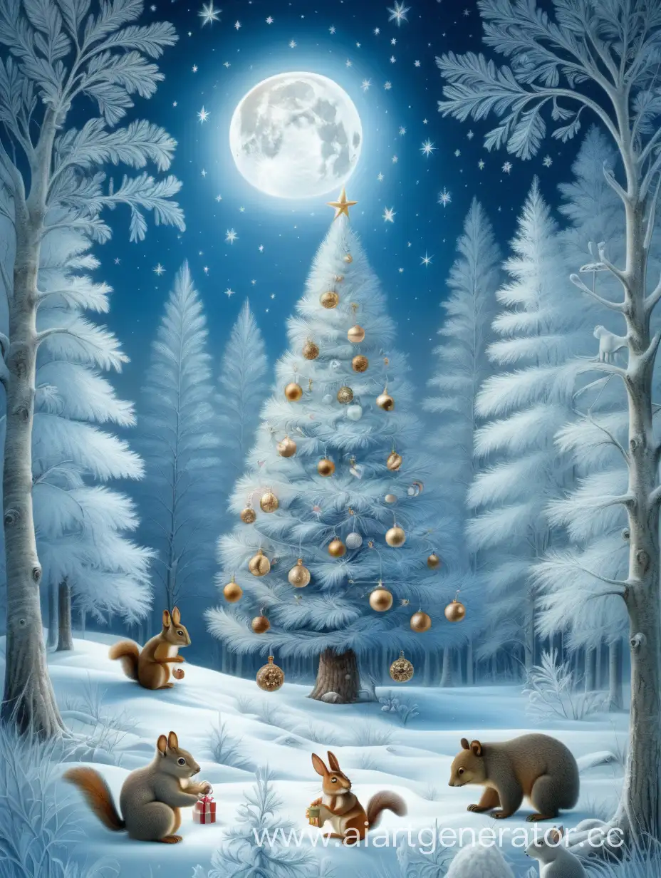 русская рождественская ель в морозном зимнем лесу, белки и зайчата, медвежата вокруг, синий вечер, звезды и большая луна