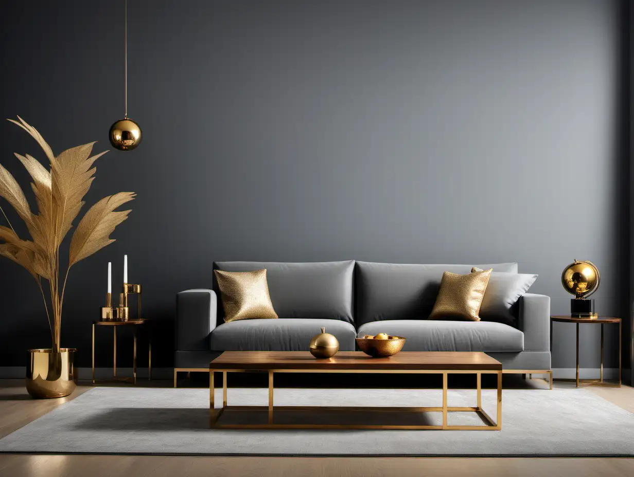 Commercial Photography, modern minimalist living room interior with  golden decor and, grey wall and wooden sofa