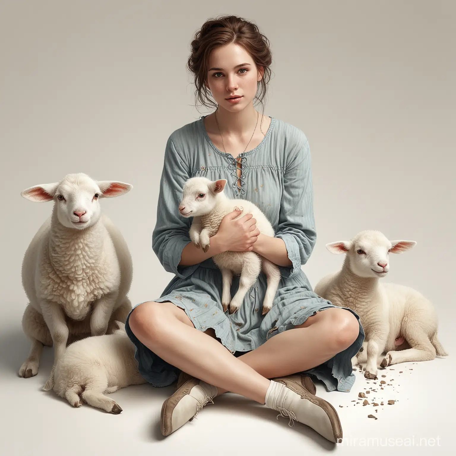 realistic full body shot of a beautiful woman, sitting with crosses legs on the floor, holding a little lamb cartoonish, inventive character designs, color settings, 
highly detailed digital art, fixed on white background, watercolor effect, james gurney art --v 5.2 --s 250
