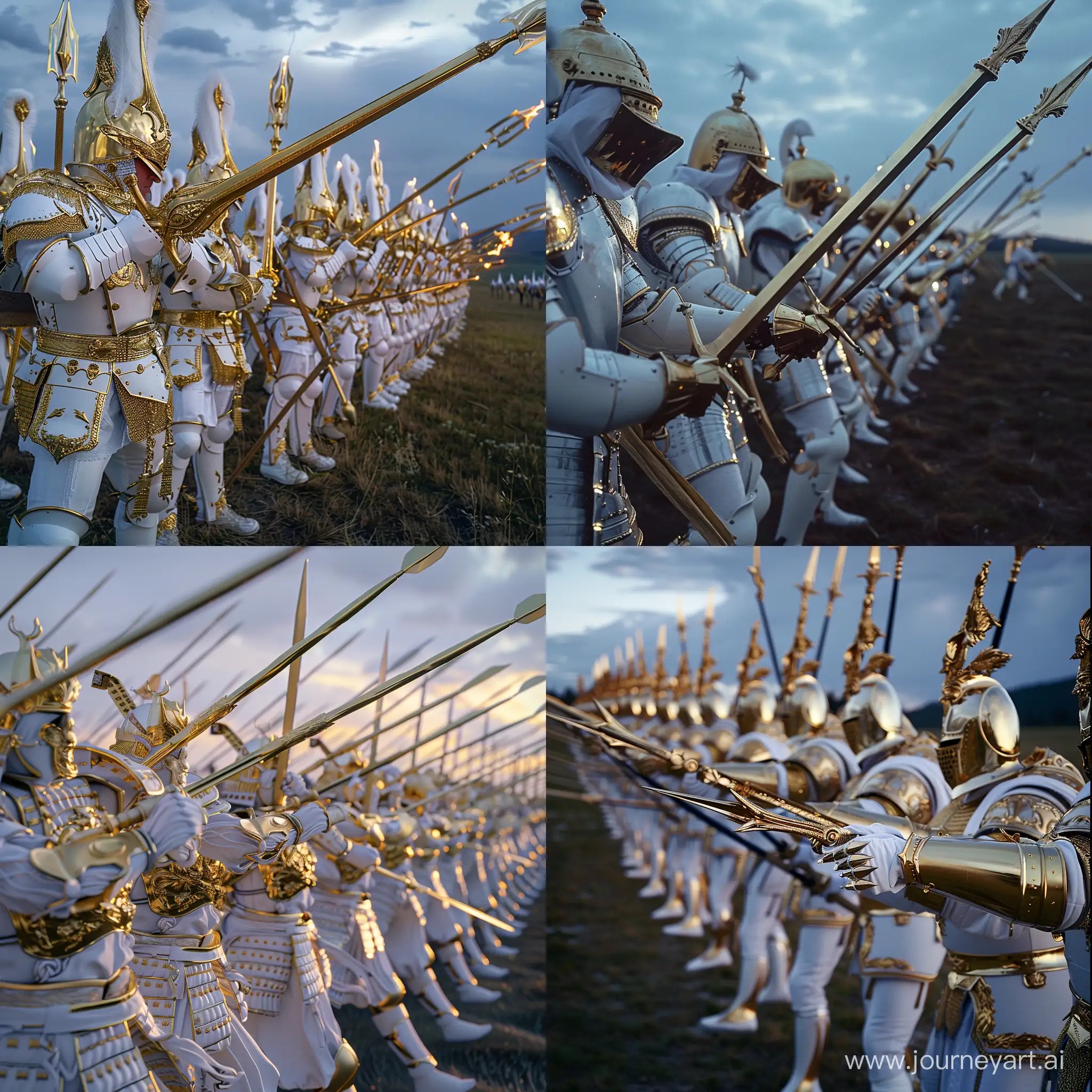soldiers line up in close battle formation, the soldiers are about to attack an enemy in an open field at dusk , white and gold armor, gold swords and spears drawn in the air, golden helmets ,